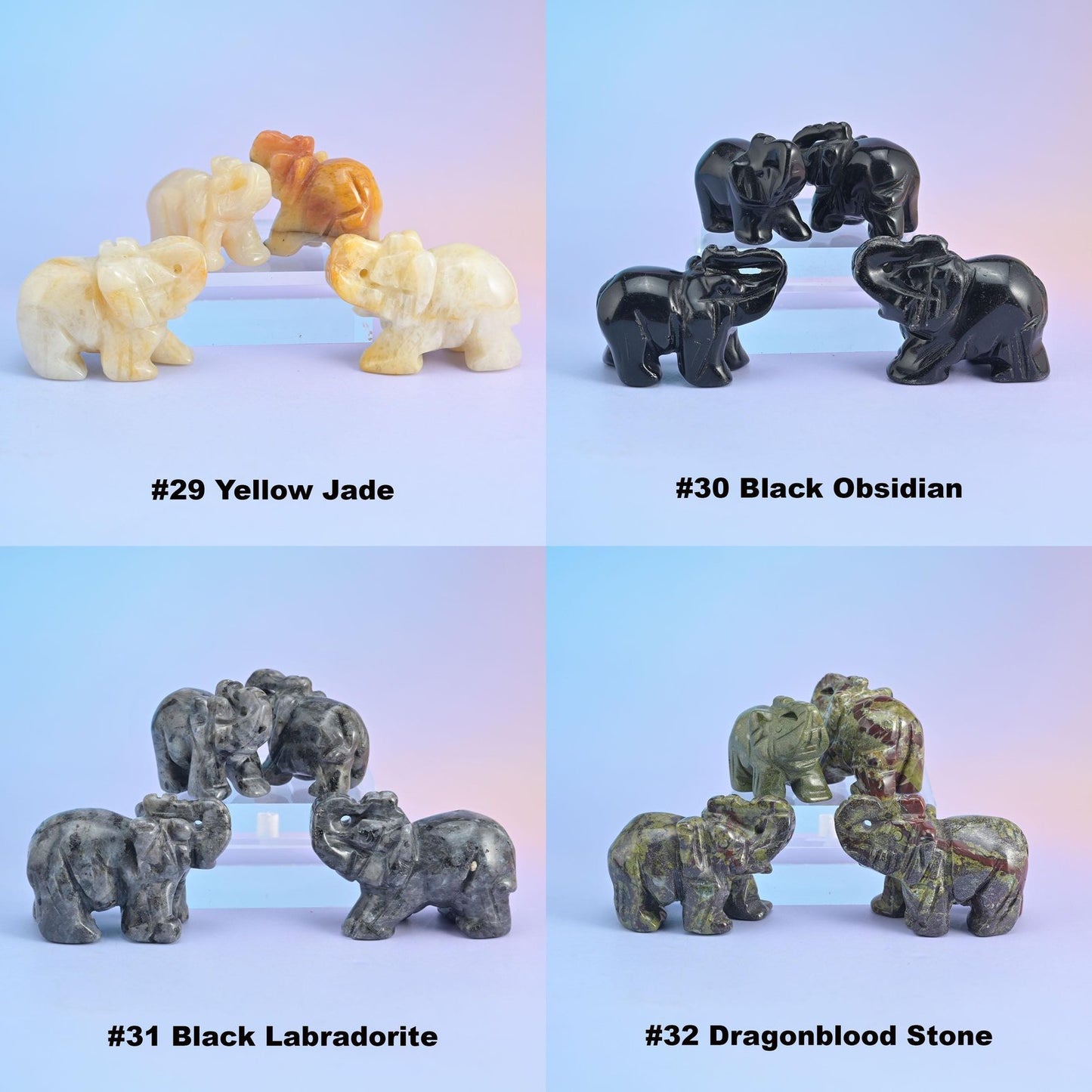 Elephant carvings numbered 29 to 32 in yellow jade, black obsidian, black labradorite and dragonblood stone, each labelled