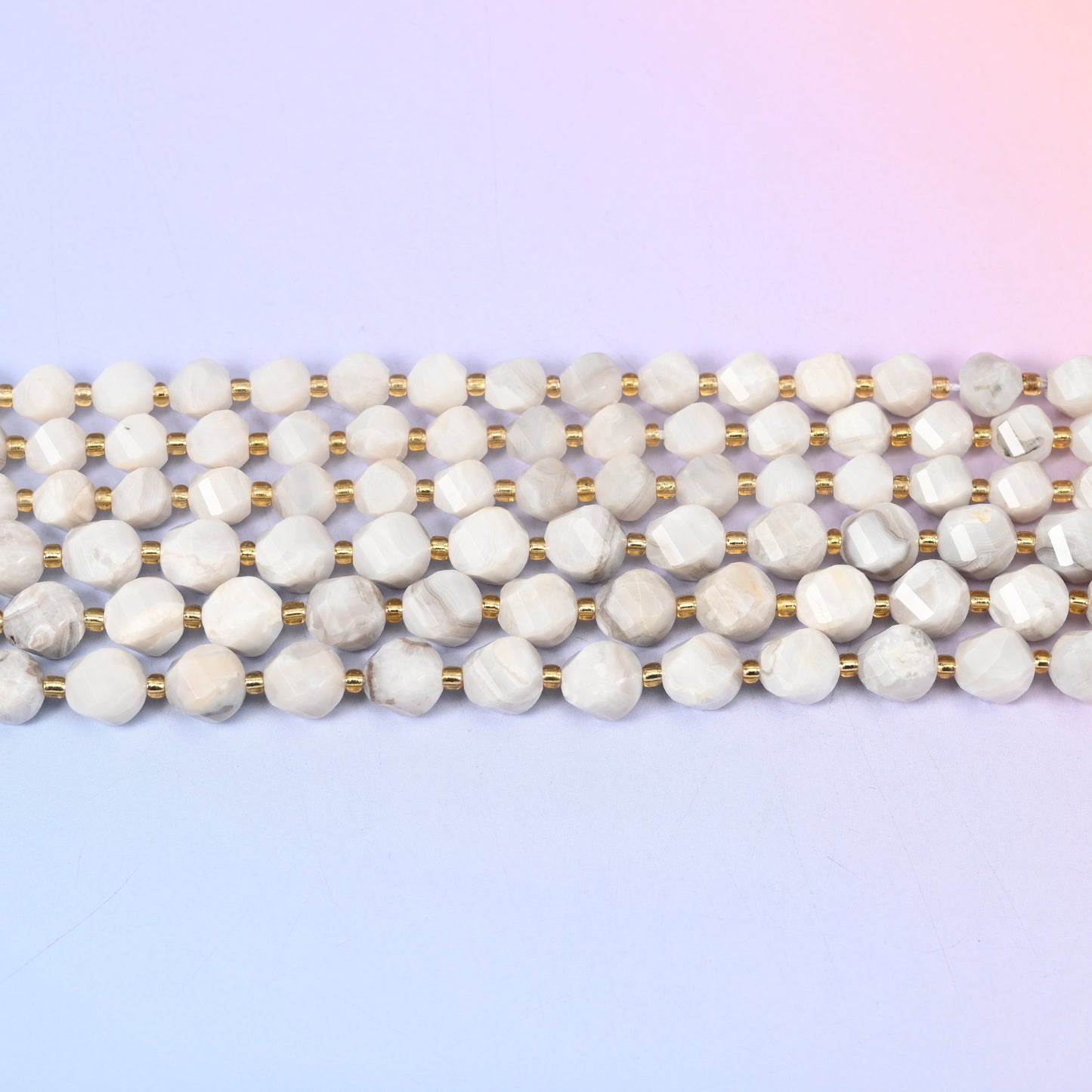 White Crazy Agate Faceted Spiral Twist Beads: Size 8mm 10mm, Jewelry Making, 15 inch Strand