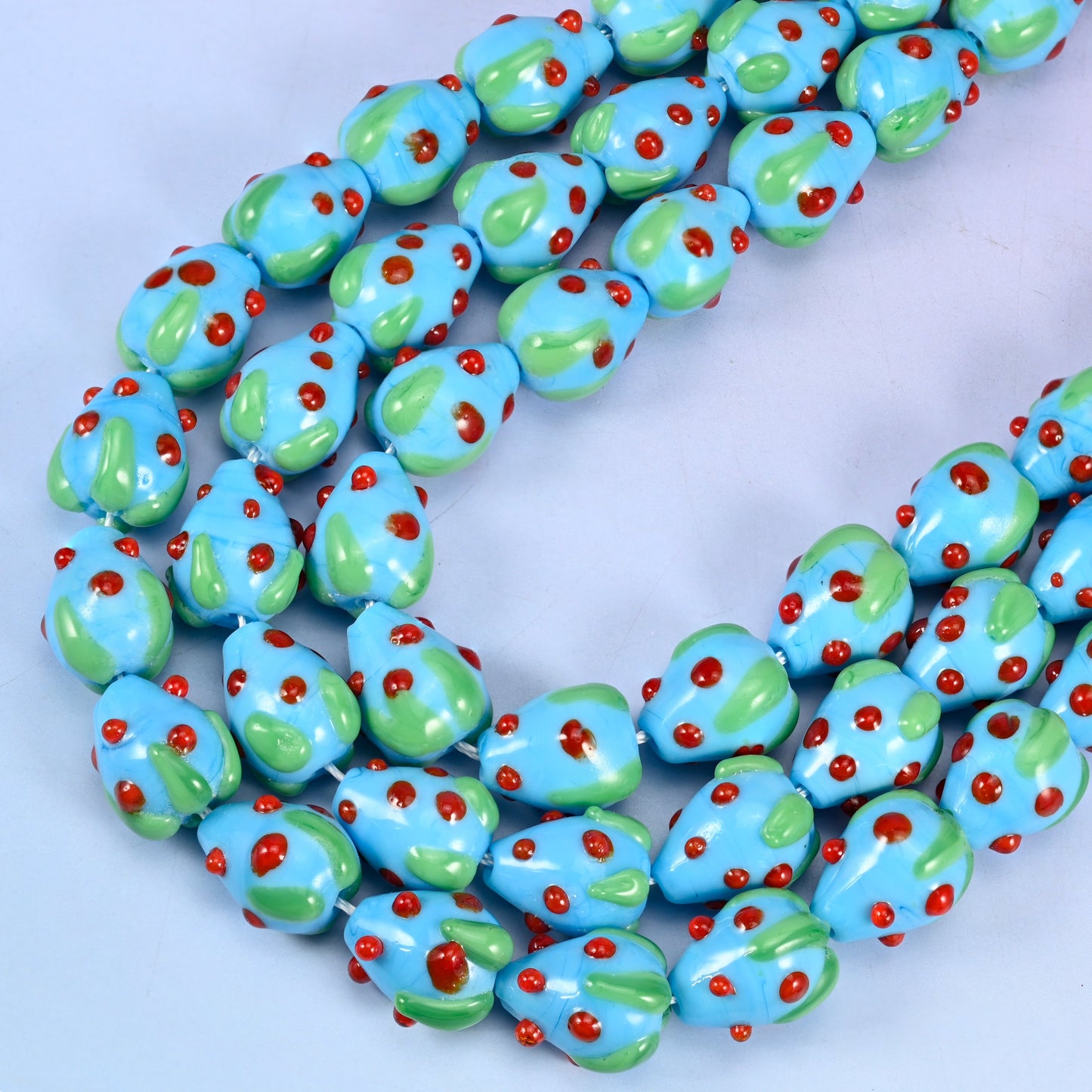 Sky Blue Red Dots Strawberry Glass Beads: Jewelry Making Supply