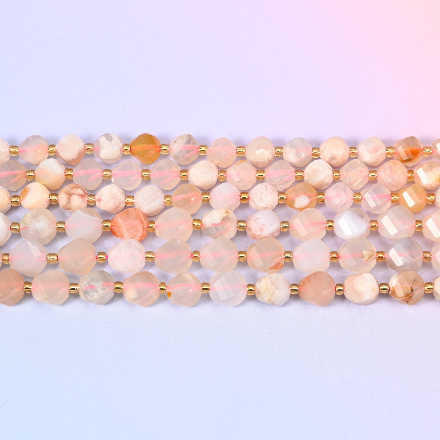 Sakura Flower Agate Faceted Spiral Twist Beads: Size 8mm 10mm, Jewelry Making, 15 inch Strand