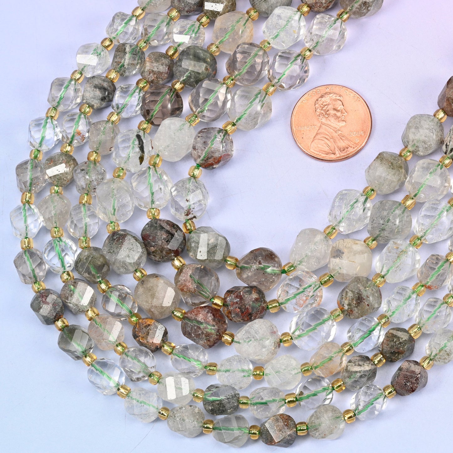 Green Phantom Quartz Faceted Spiral Twist Beads: Size 8mm 10mm, Jewelry Making, 15 inch Strand