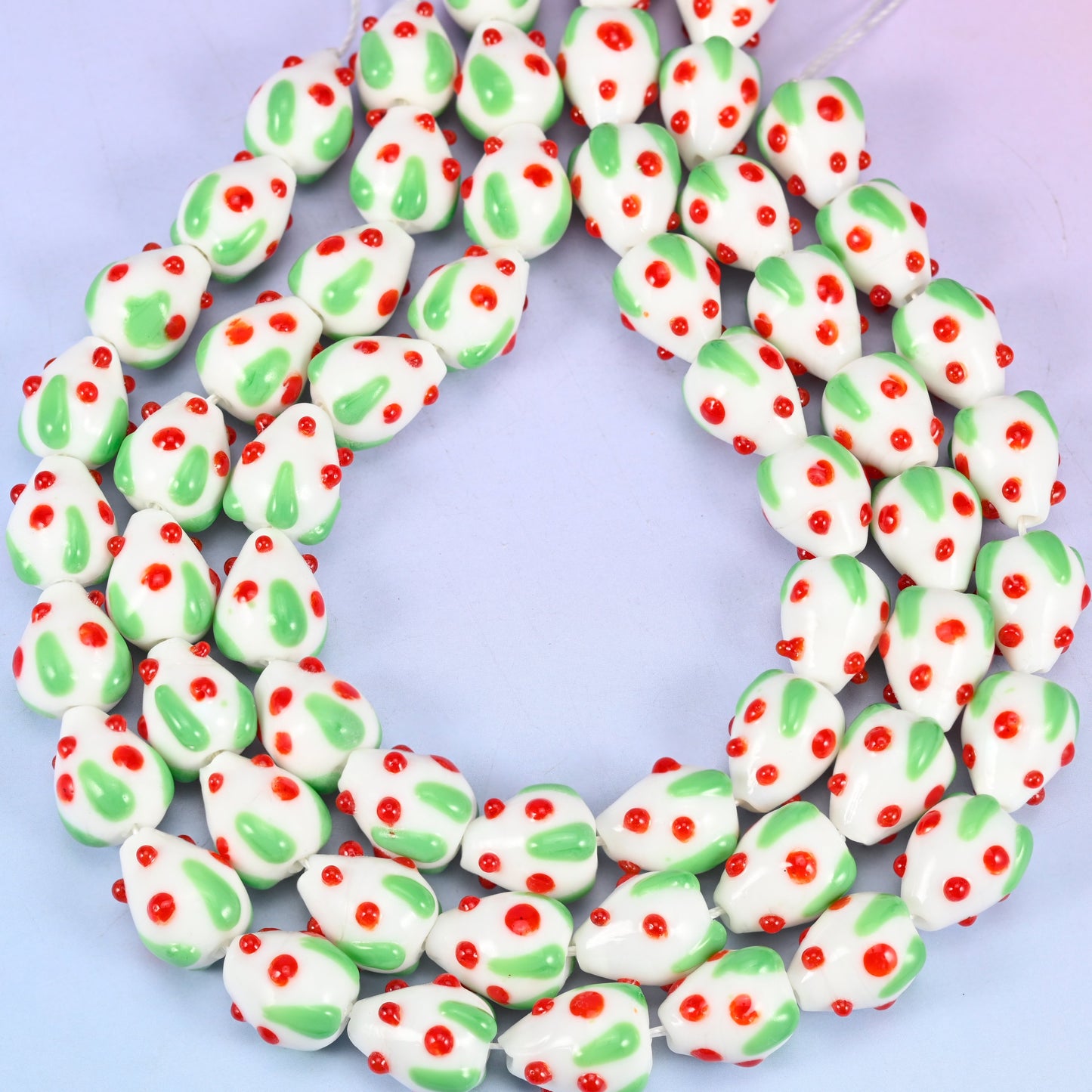 White Red Dots Strawberry Glass Beads: Jewelry Making Supply