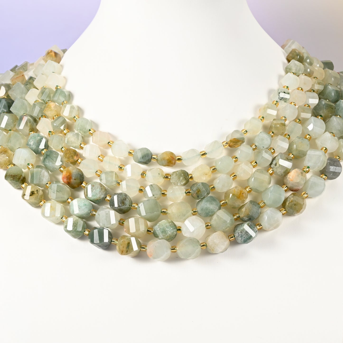 Green Grass Silk Stone Faceted Spiral Twist Beads: Size 8mm 10mm, Jewelry Making, 15 inch Strand