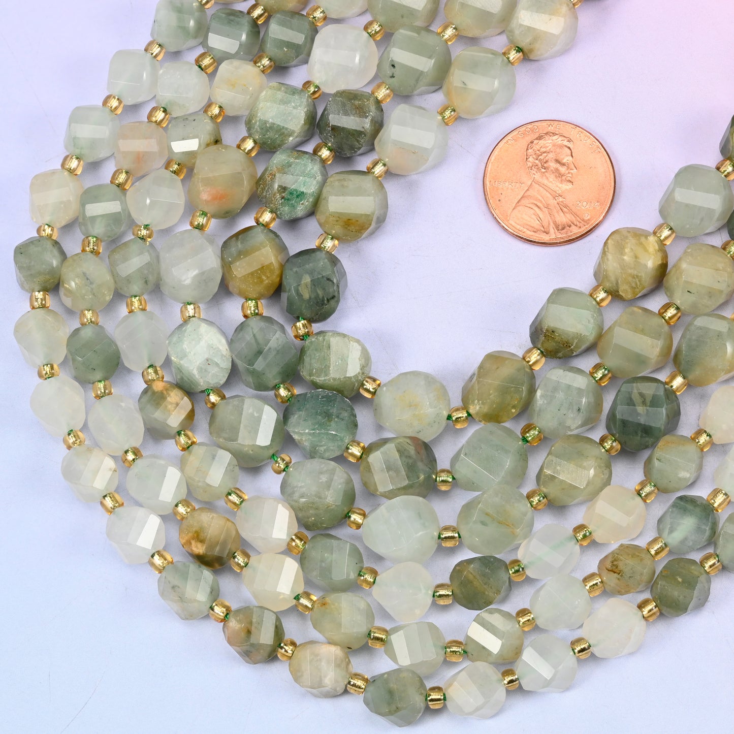 Green Grass Silk Stone Faceted Spiral Twist Beads: Size 8mm 10mm, Jewelry Making, 15 inch Strand