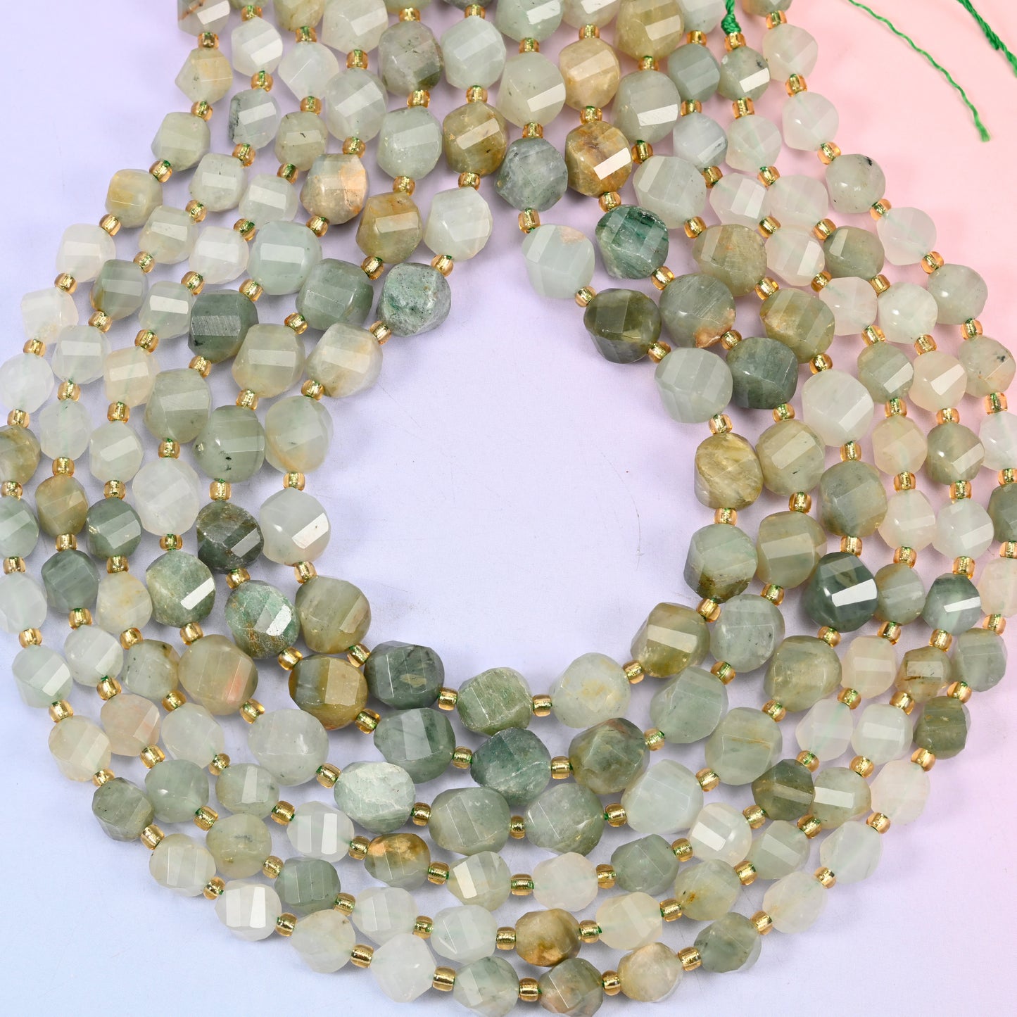 Green Grass Silk Stone Faceted Spiral Twist Beads: Size 8mm 10mm, Jewelry Making, 15 inch Strand