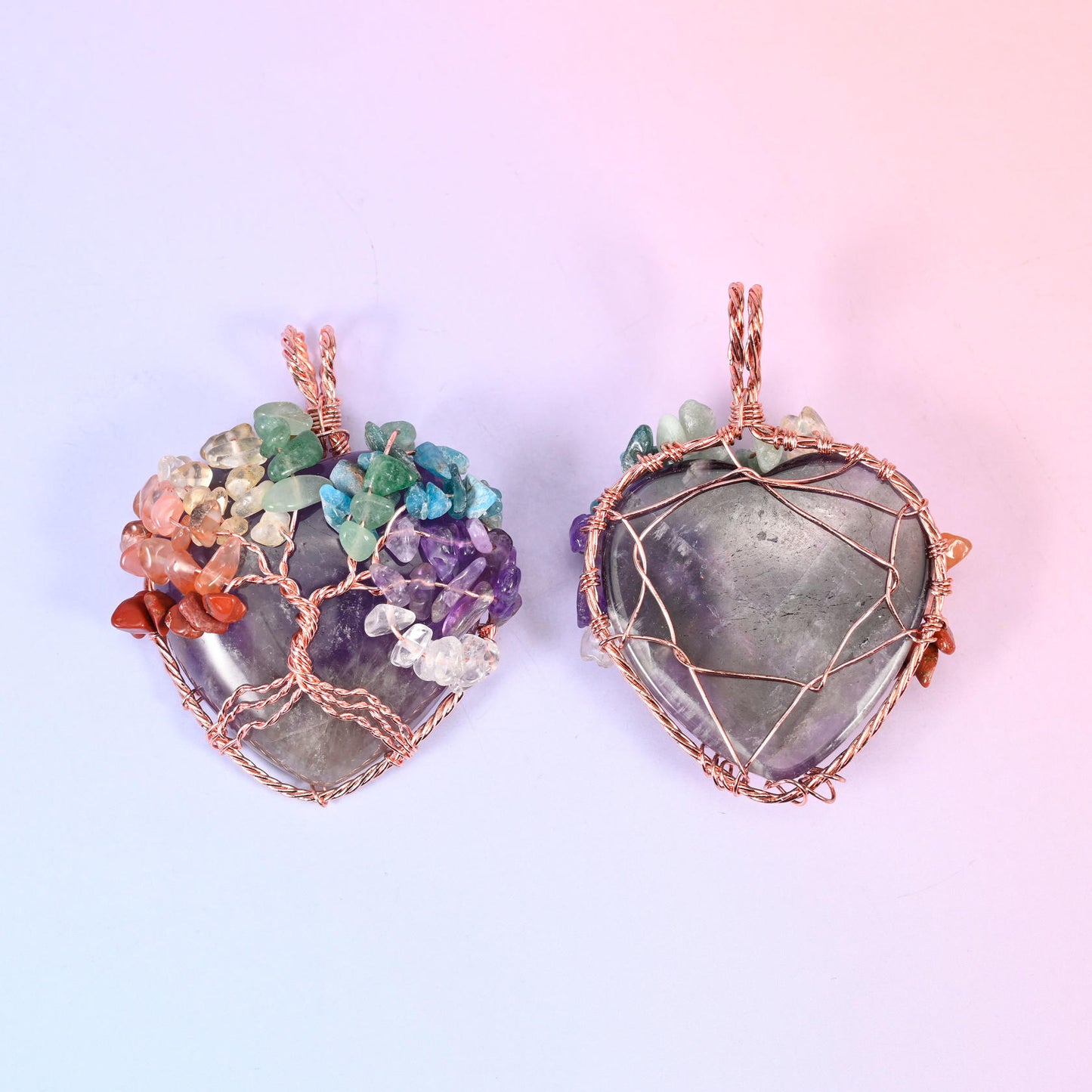Heart Gemstone Pendants with Copper Wired Chakra Tree of Life