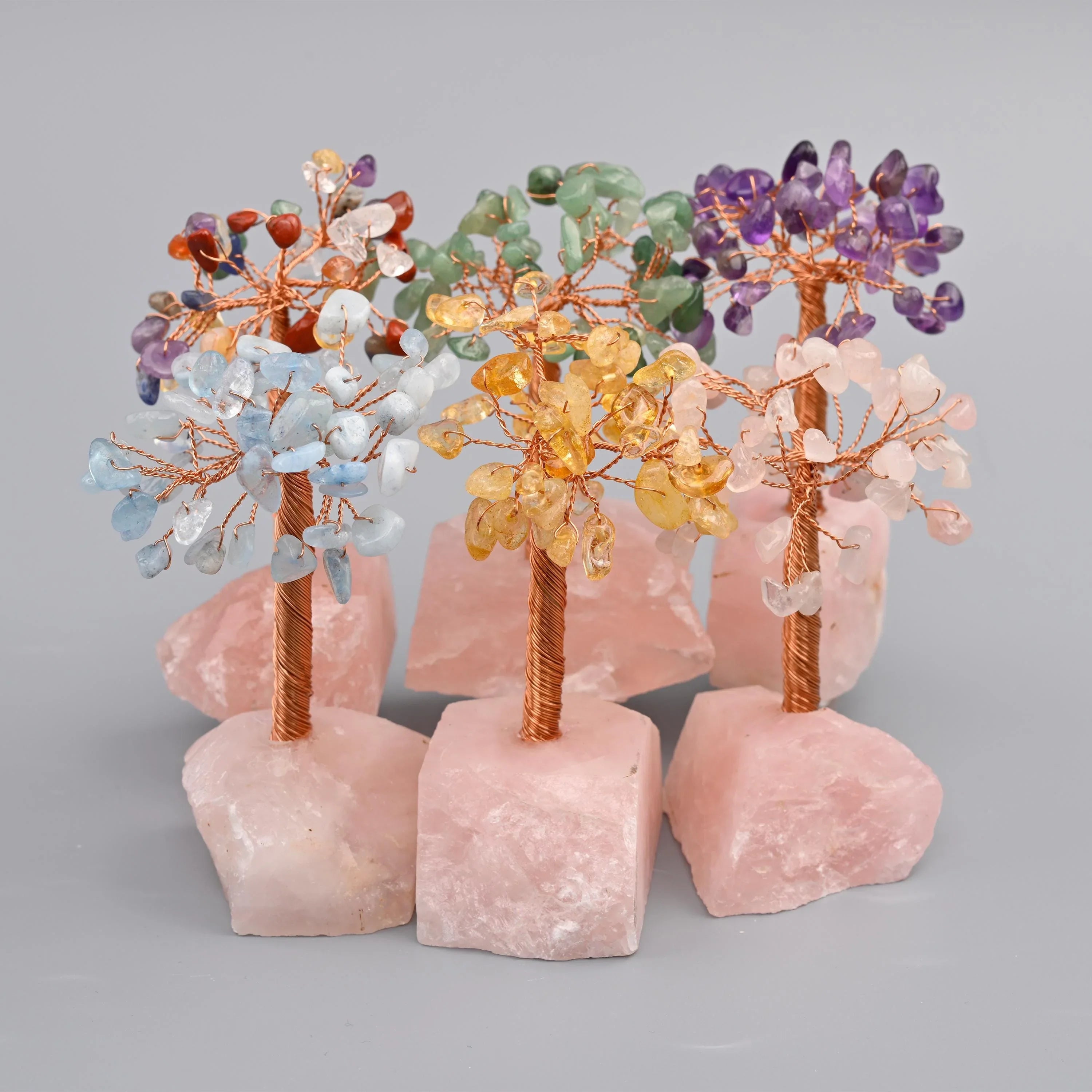 rose quartz healing crystals money tree 4 Inch Rose Quartz Base Gemstone Tree Copper Wire Sculpture Tree of Li