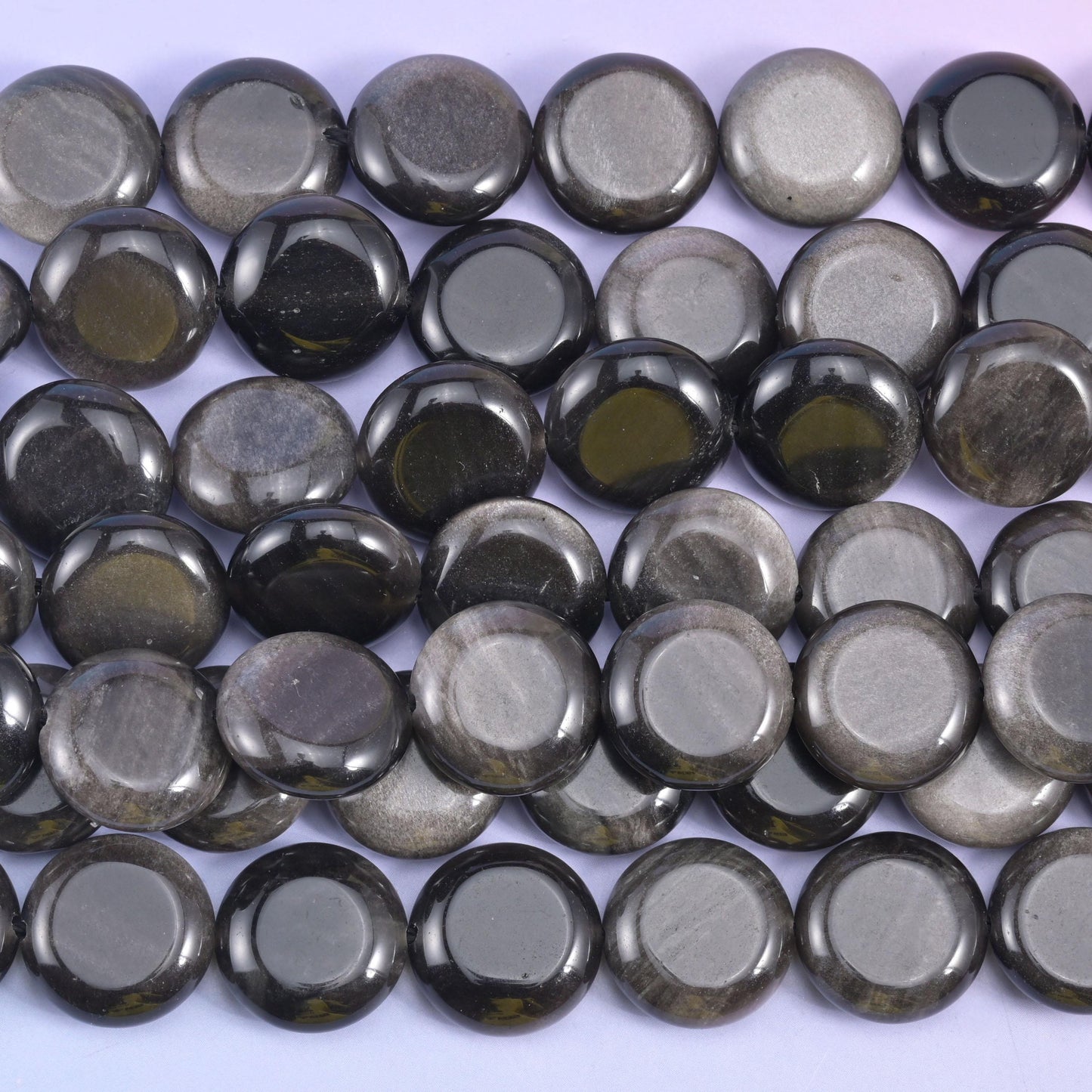 Silver Obsidian Smooth Coin Beads Size 15mm Jewelry Making 15 Inch Strand