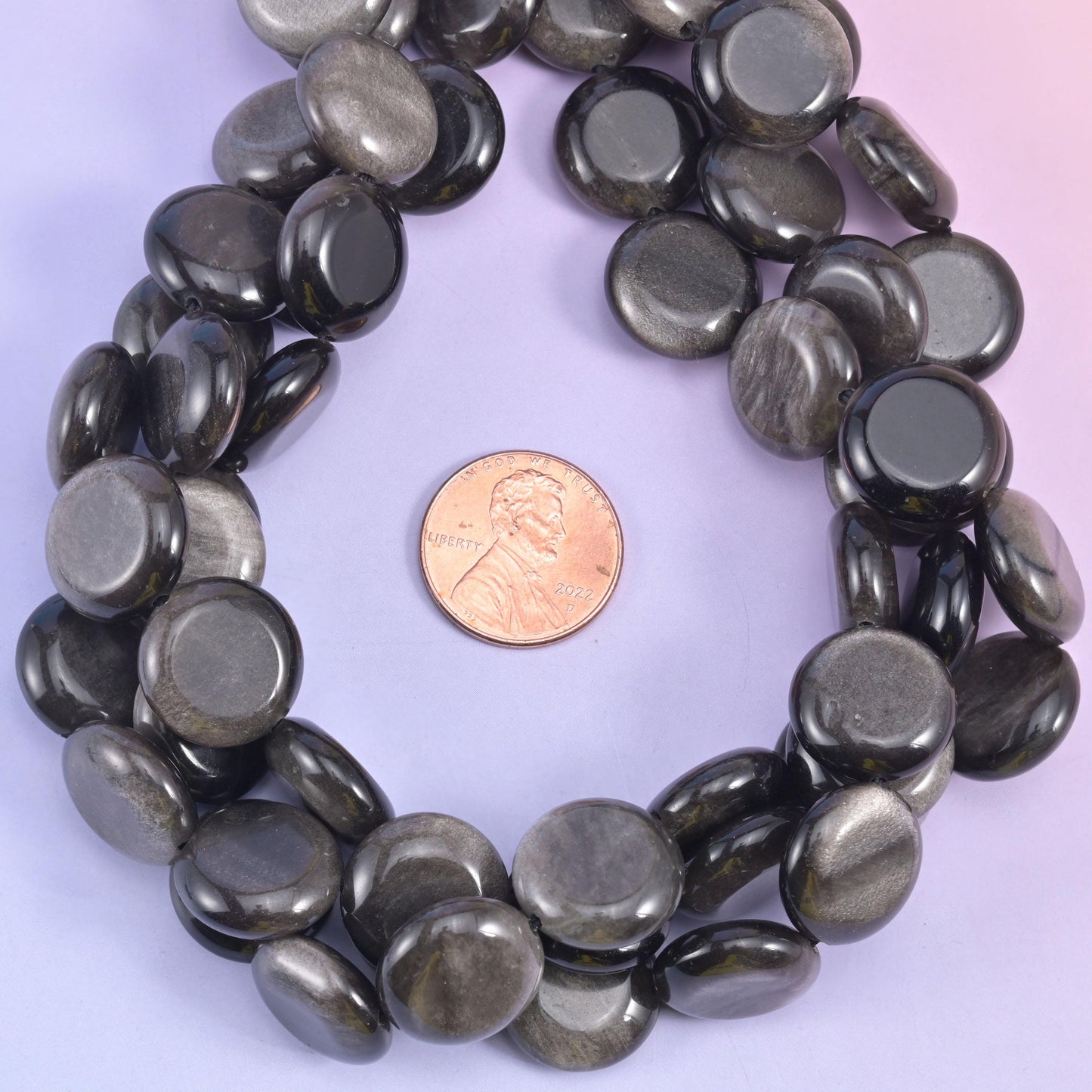 Silver Obsidian Smooth Coin Beads Size 15mm Jewelry Making 15 Inch Strand