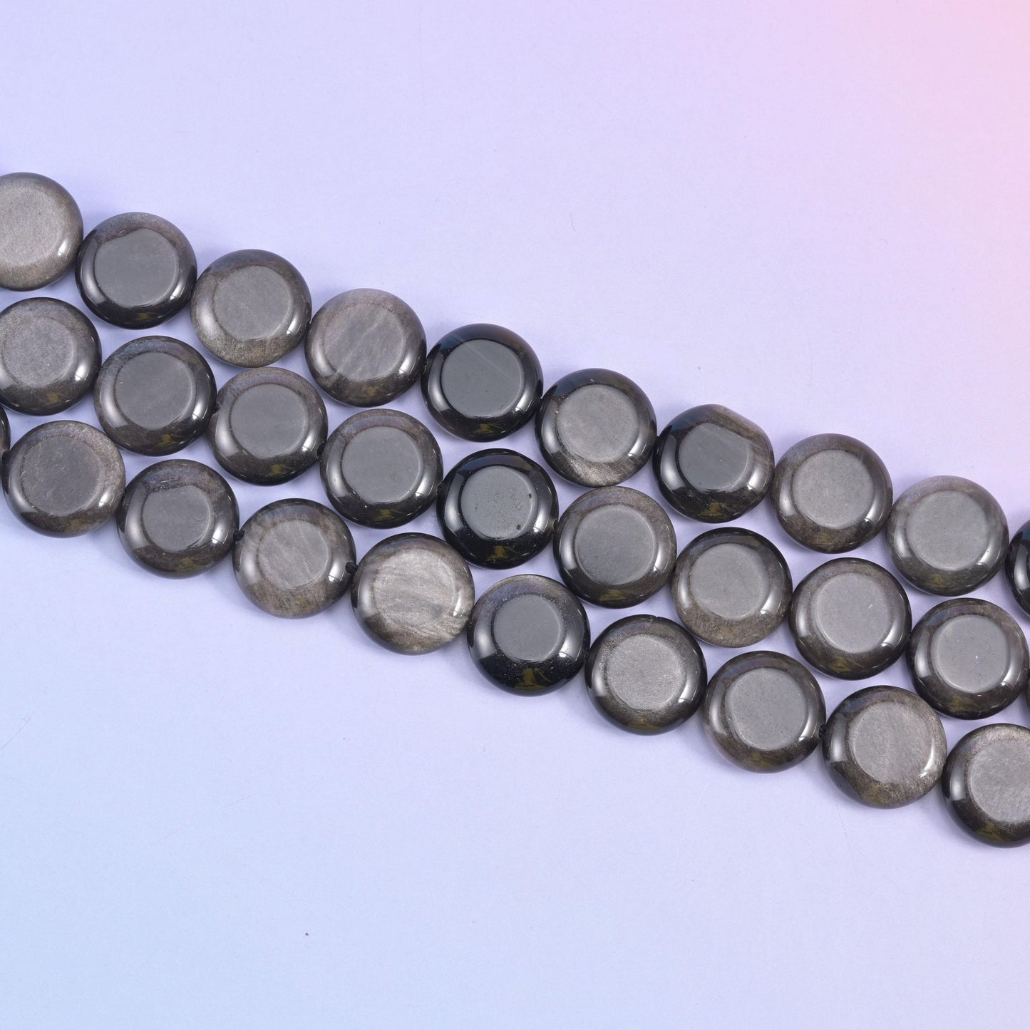 Silver Obsidian Smooth Coin Beads Size 15mm Jewelry Making 15 Inch Strand