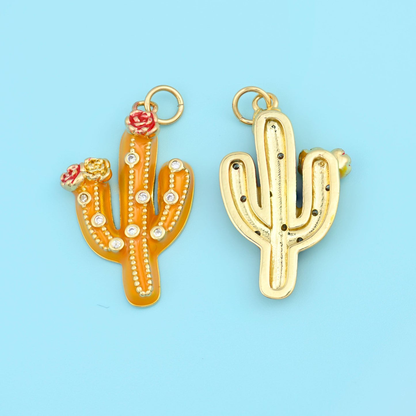 18K Gold Filled Enamel Zircon Cactus Charm: DIY Jewelry Making Supply