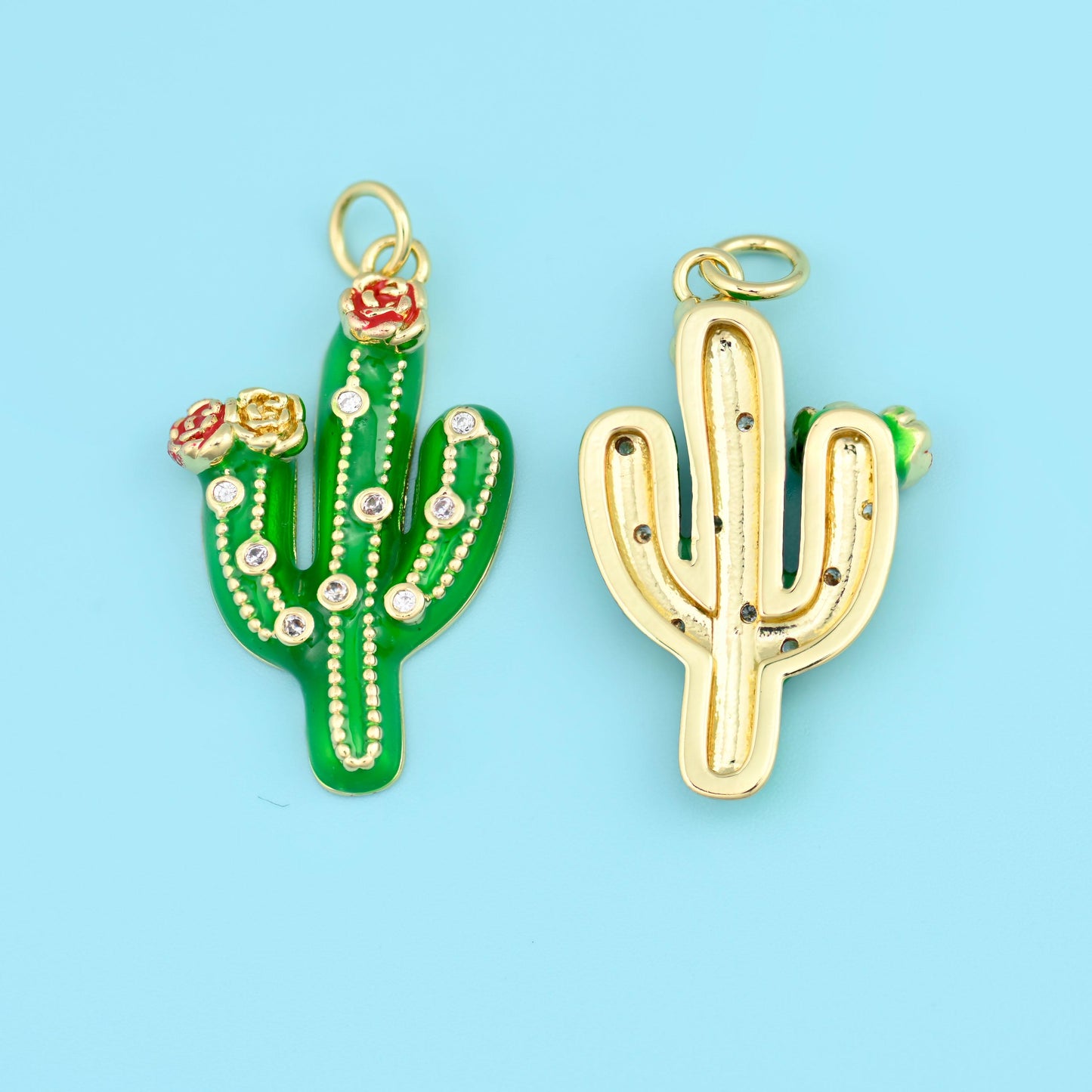 18K Gold Filled Enamel Zircon Cactus Charm: DIY Jewelry Making Supply