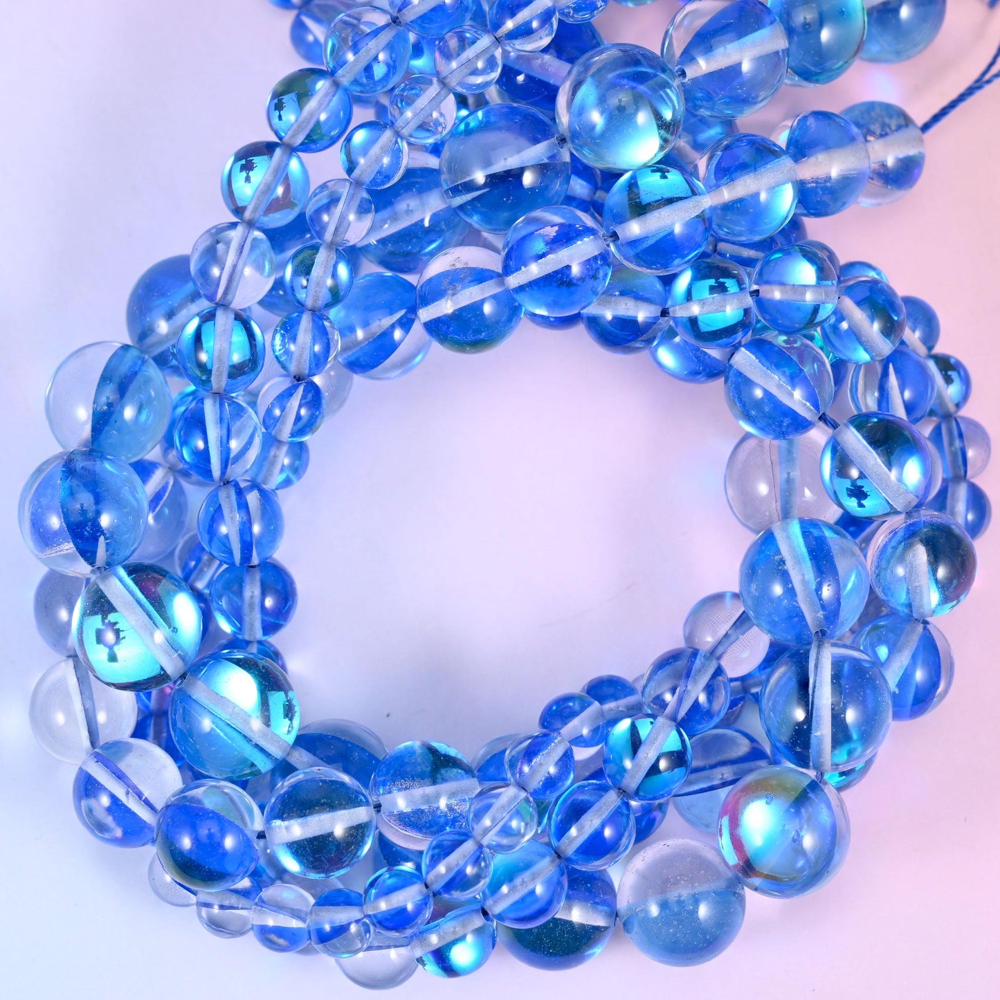 Mystic Aura Blue Round Glass Beads: Iridescent Jewelry Making Supply, 15 Inch Strand