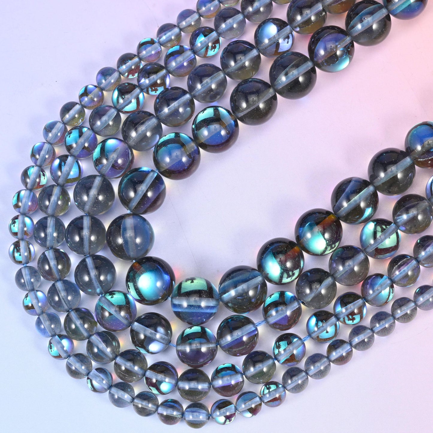 Mystic Aura Gray Round Glass Beads: Iridescent Jewelry Making Supply, 15 Inch Strand