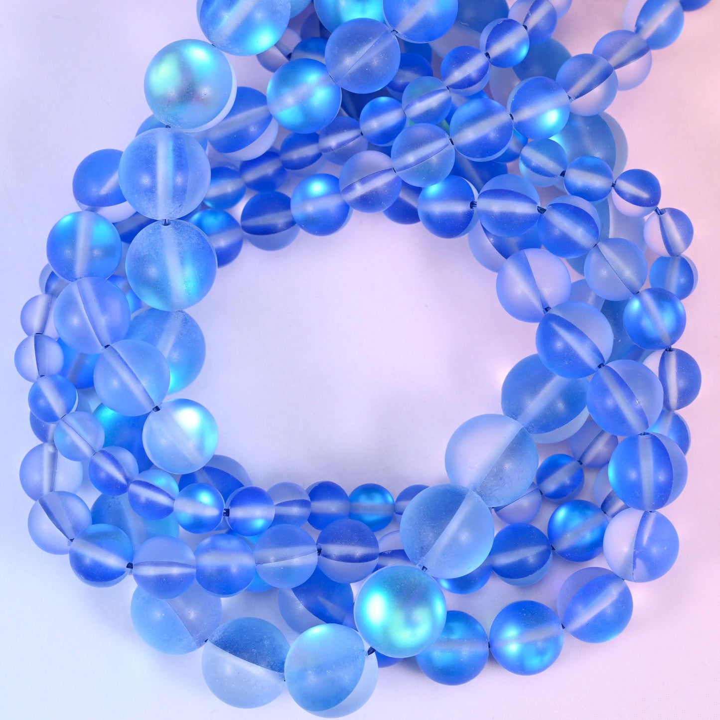 Mystic Aura Matte Blue Round Glass Beads: Iridescent Jewelry Making Supply, 15 Inch Strand