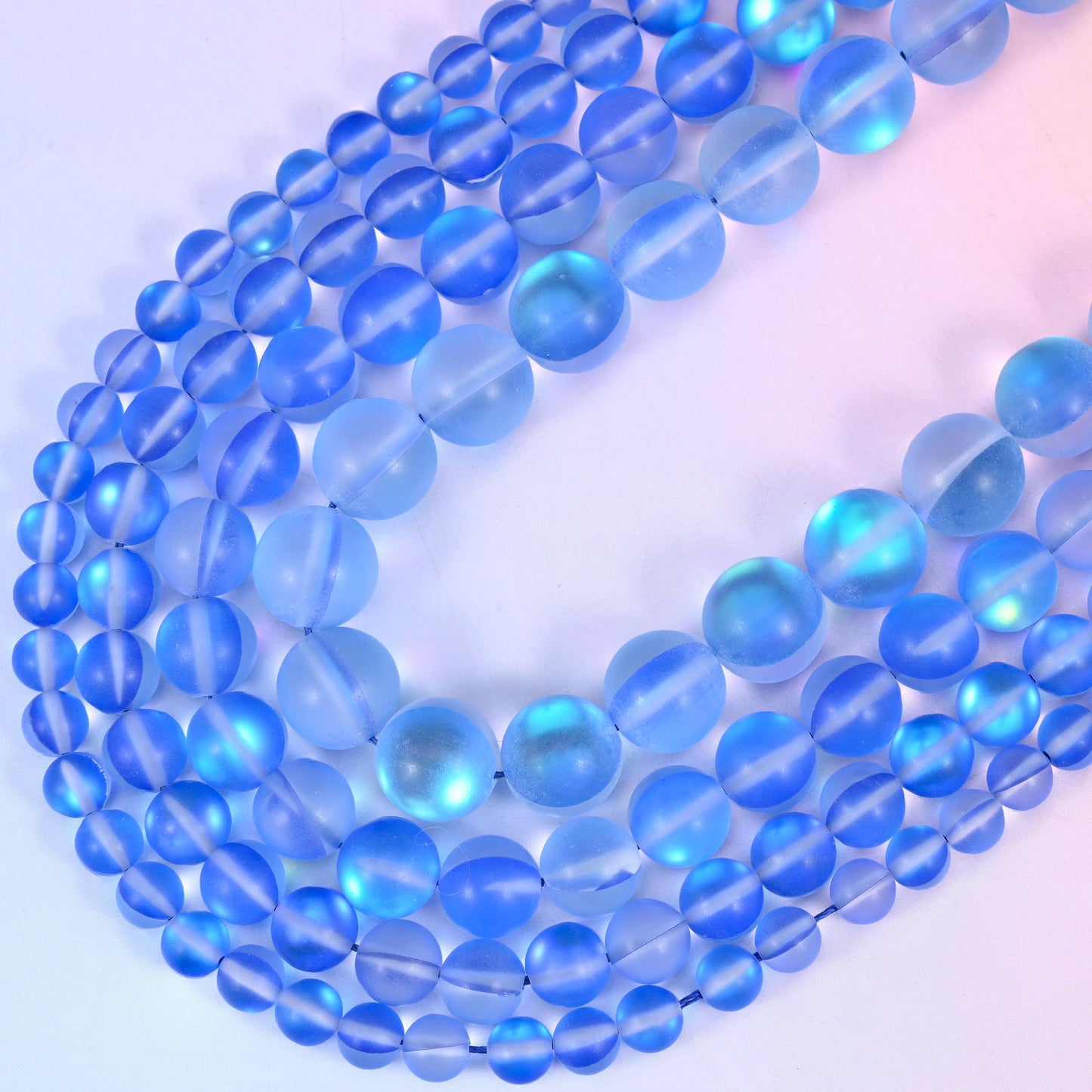 Mystic Aura Matte Blue Round Glass Beads: Iridescent Jewelry Making Supply, 15 Inch Strand