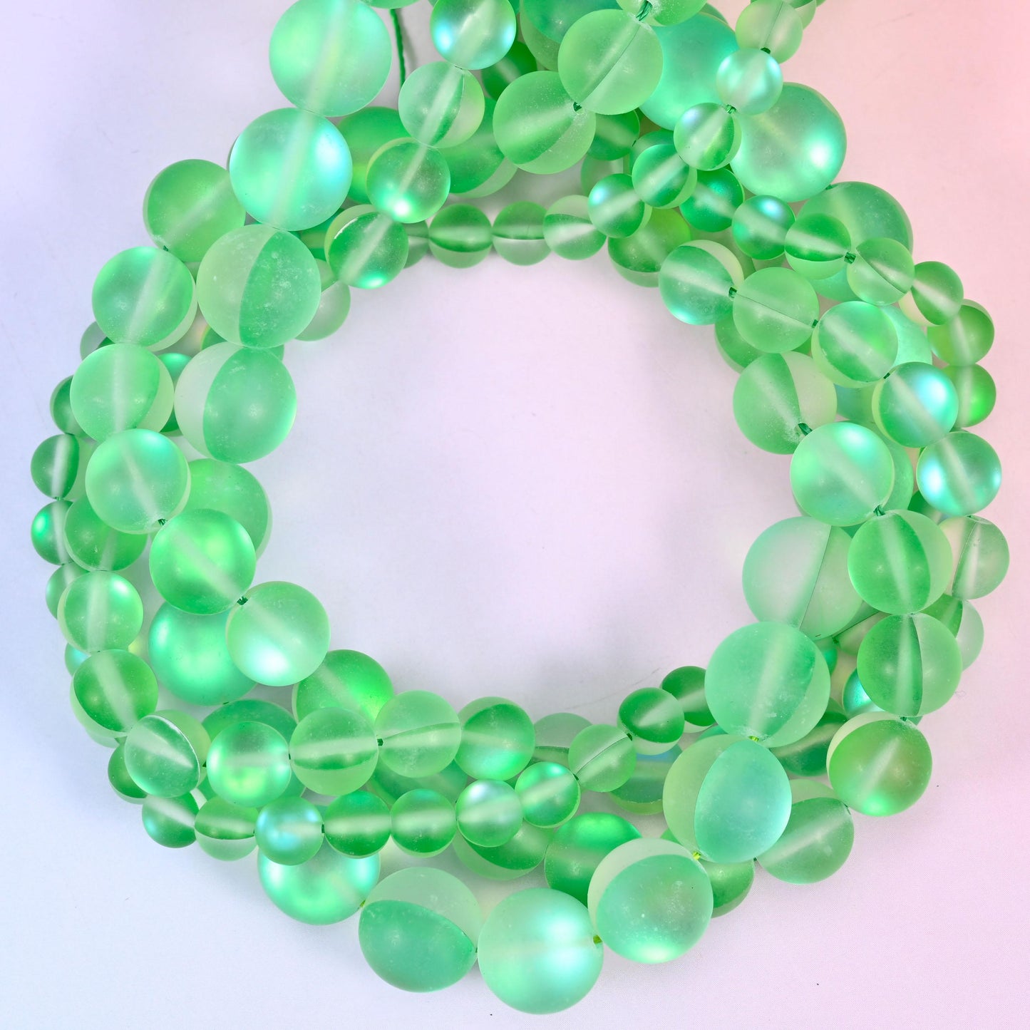 Mystic Aura Matte Green Round Glass Beads: Iridescent Jewelry Making Supply