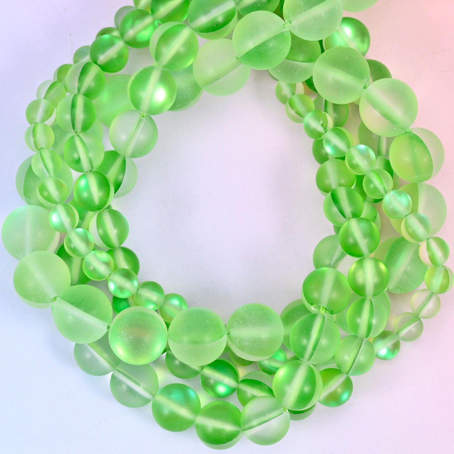Mystic Aura Matte Light Green Round Glass Beads: Iridescent Jewelry Making Supply