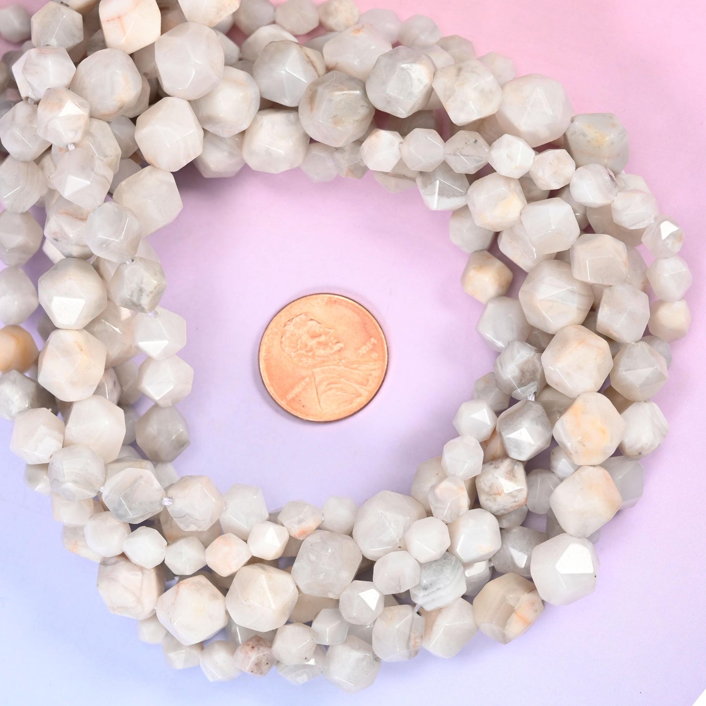 White Crazy Agate Beads: Faceted Diamond Star Cut, 6-10mm, 15.5 inch Strand