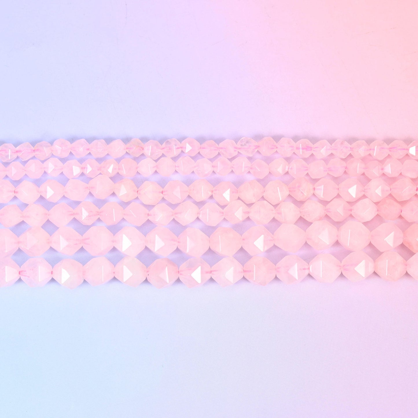 Rose Quartz Beads: Faceted Diamond Star Cut, 6-10mm, 15.5 inch Strand