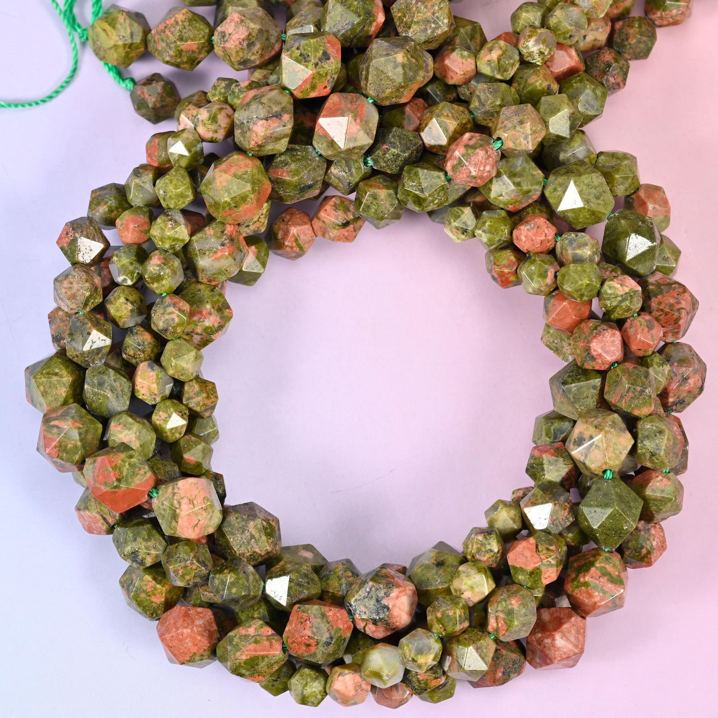 Unakite Beads: Faceted Diamond Star Cut, 6-10mm, 15.5 inch Strand