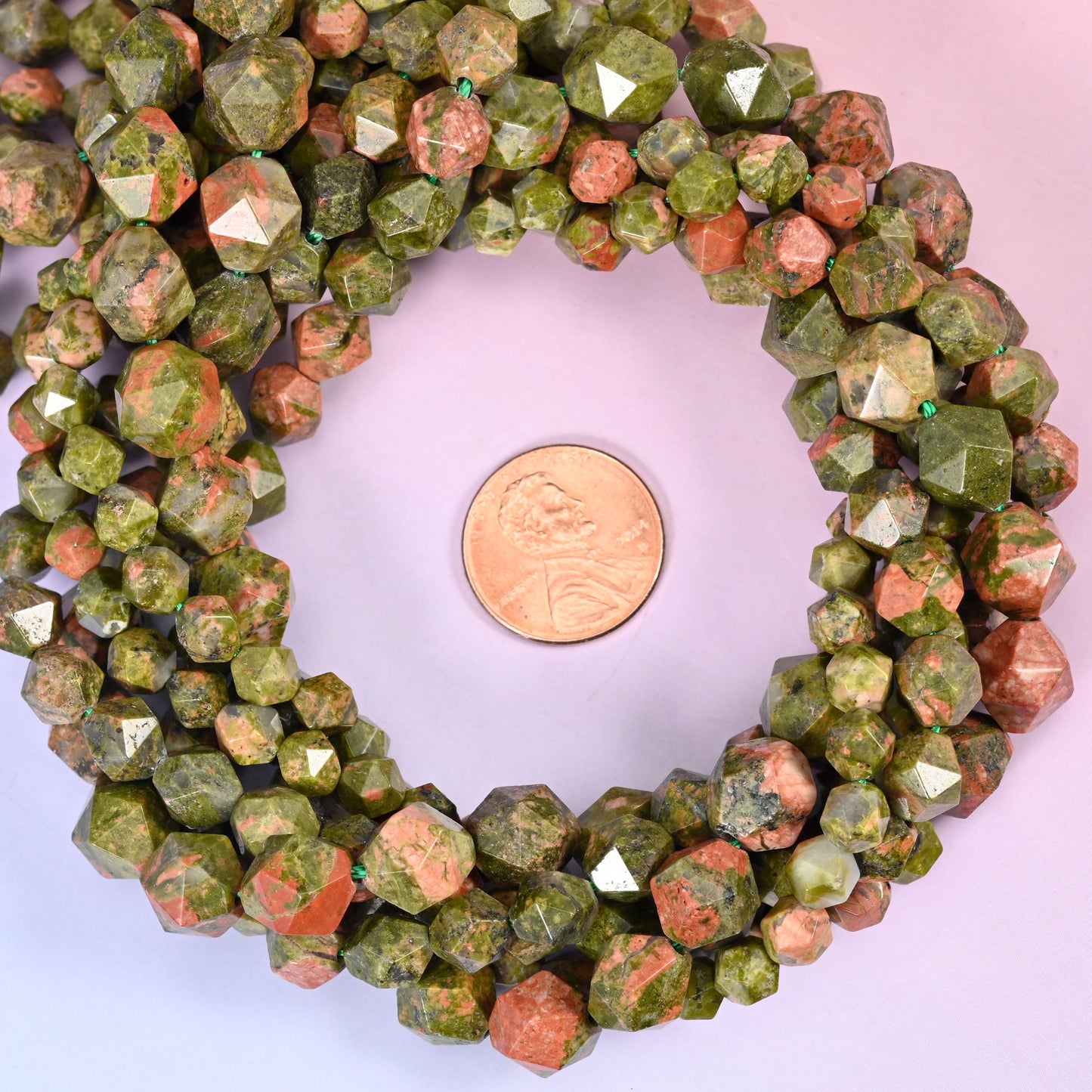 Unakite Beads: Faceted Diamond Star Cut, 6-10mm, 15.5 inch Strand