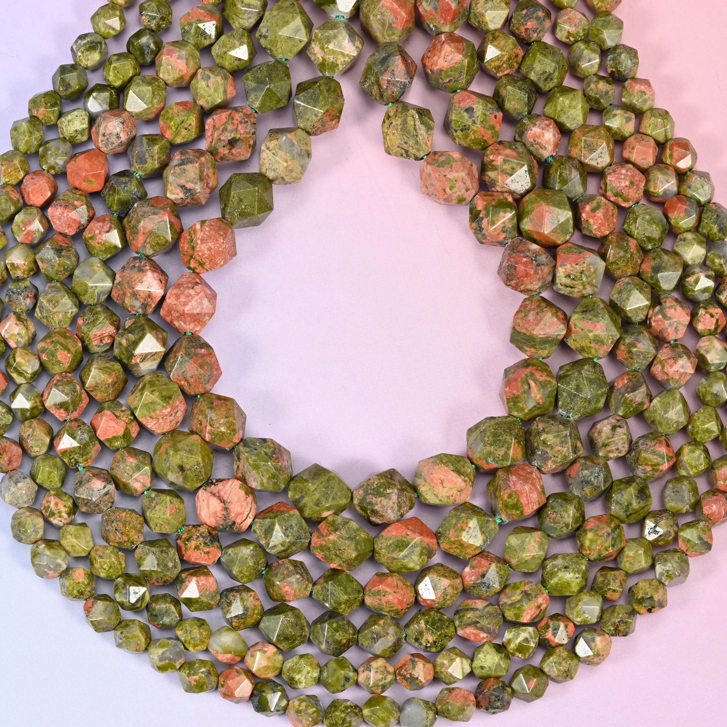 Unakite Beads: Faceted Diamond Star Cut, 6-10mm, 15.5 inch Strand