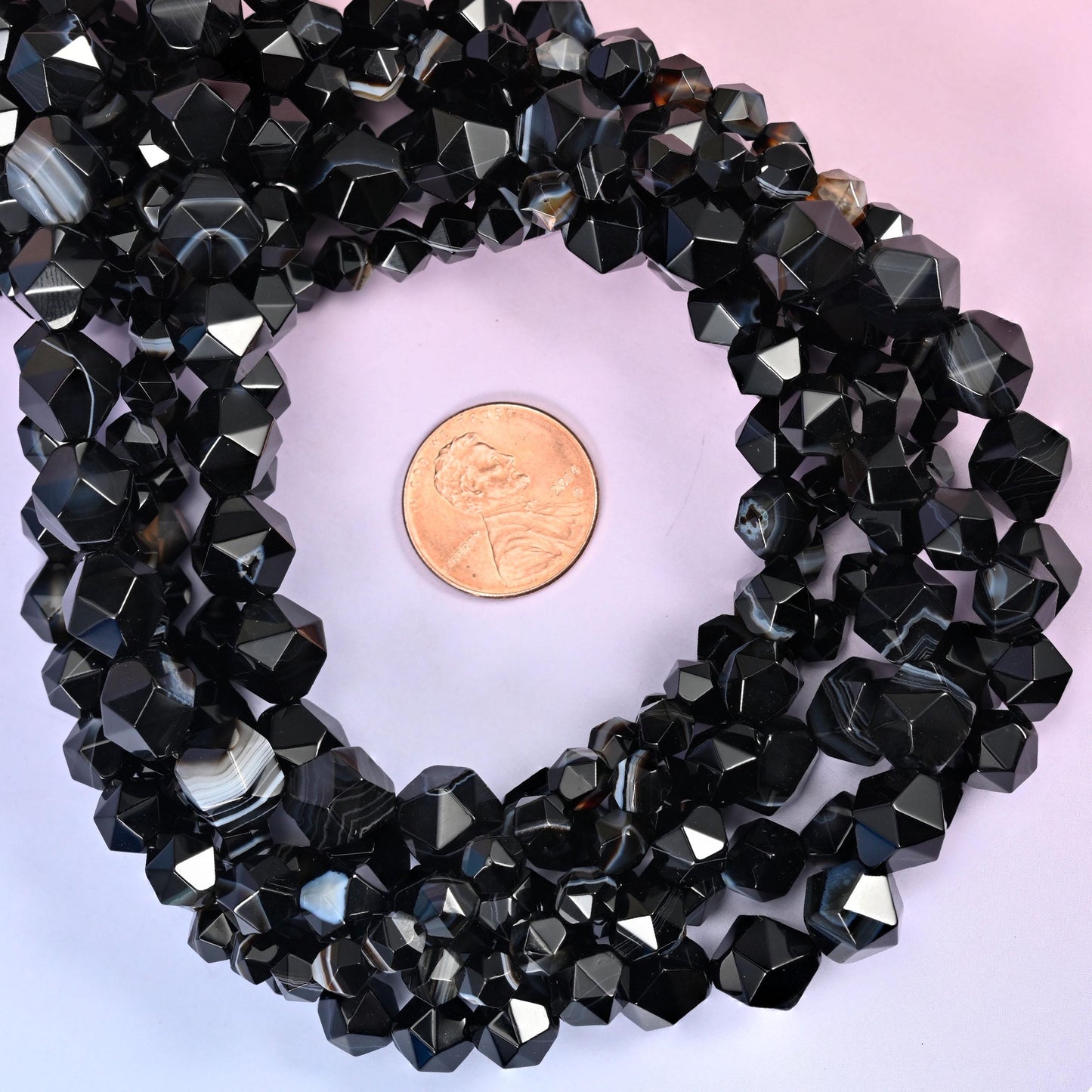 Black Strip Agate Beads: Faceted Diamond Star Cut, 6-10mm, 15.5 inch Strand