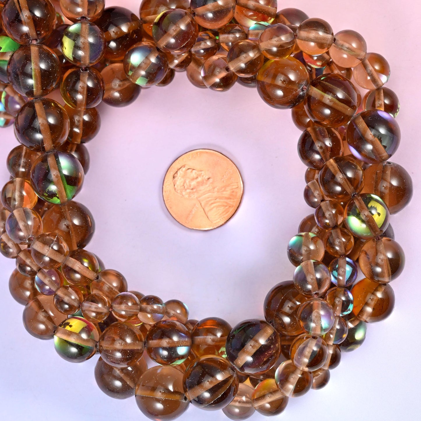 Mystic Aura Brown Round Glass Beads: Iridescent Jewelry Making Supply, 15 Inch Strand