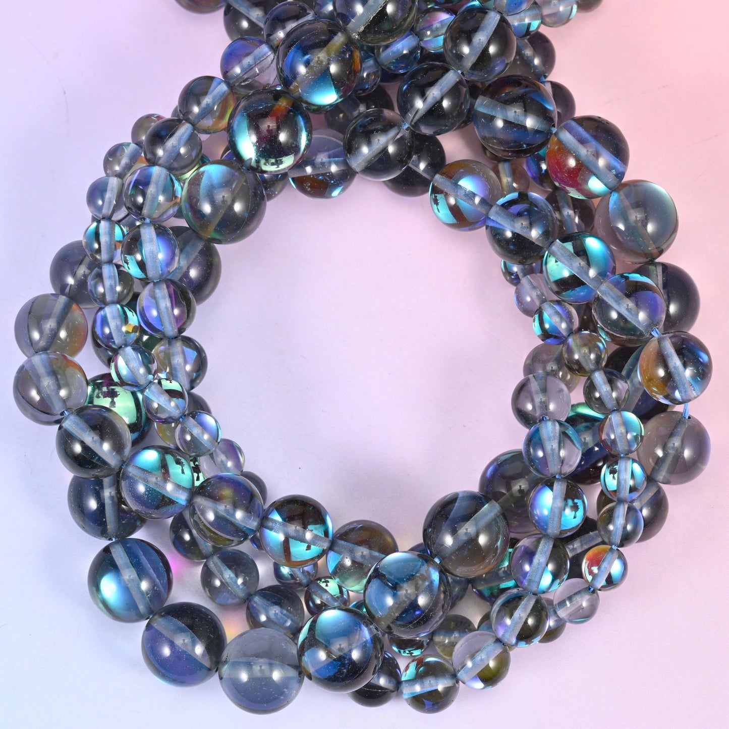 Mystic Aura Gray Round Glass Beads: Iridescent Jewelry Making Supply, 15 Inch Strand