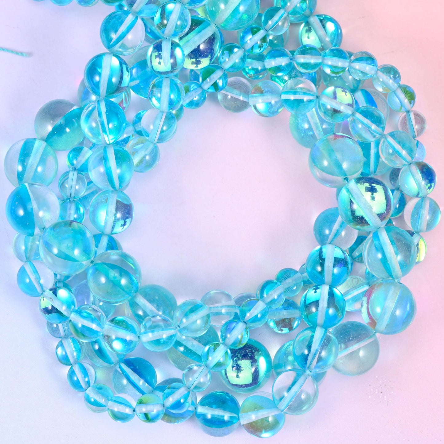 Mystic Aura Light Blue Round Glass Beads: Iridescent Jewelry Making Supply, 15 Inch Strand