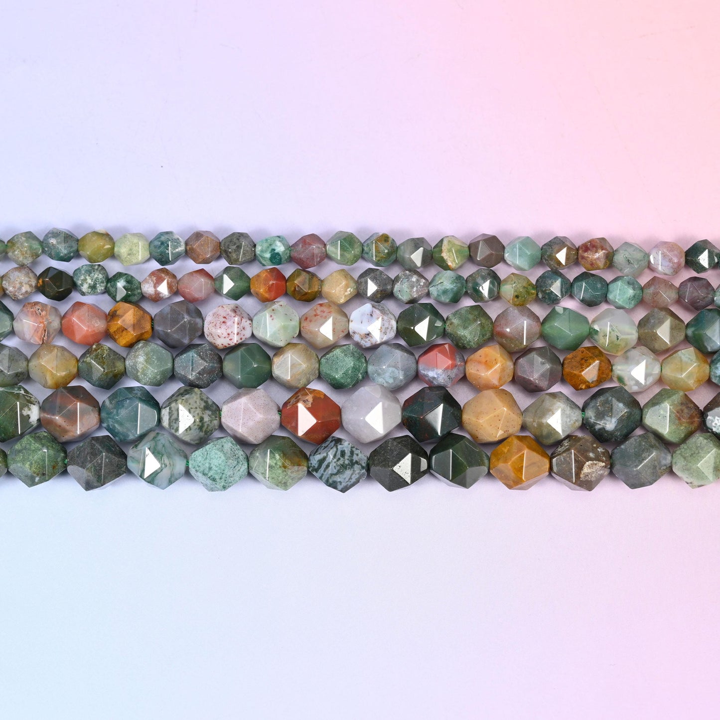 Indian Agate Beads: Faceted Diamond Star Cut, 6-10mm, 15.5 inch Strand