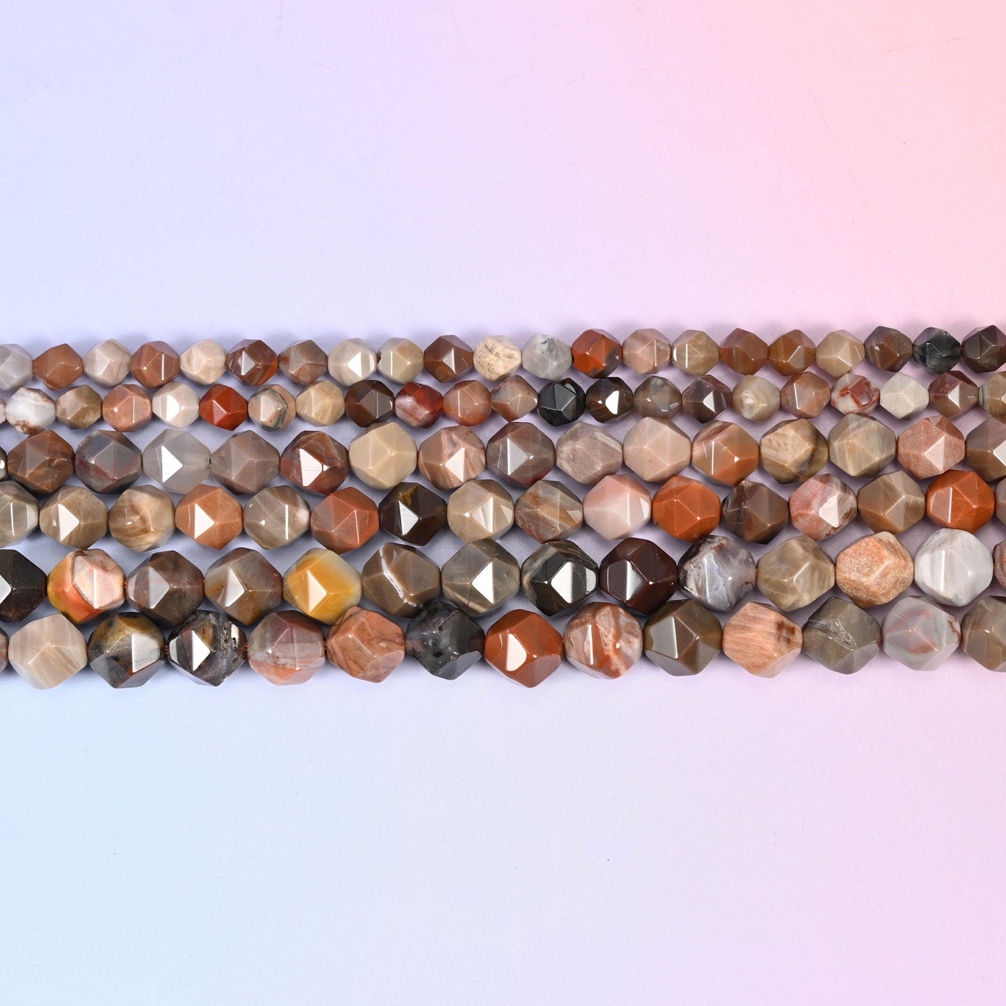 Petrified Wood Beads: Faceted Diamond Star Cut, 6-10mm, 15.5 inch Strand