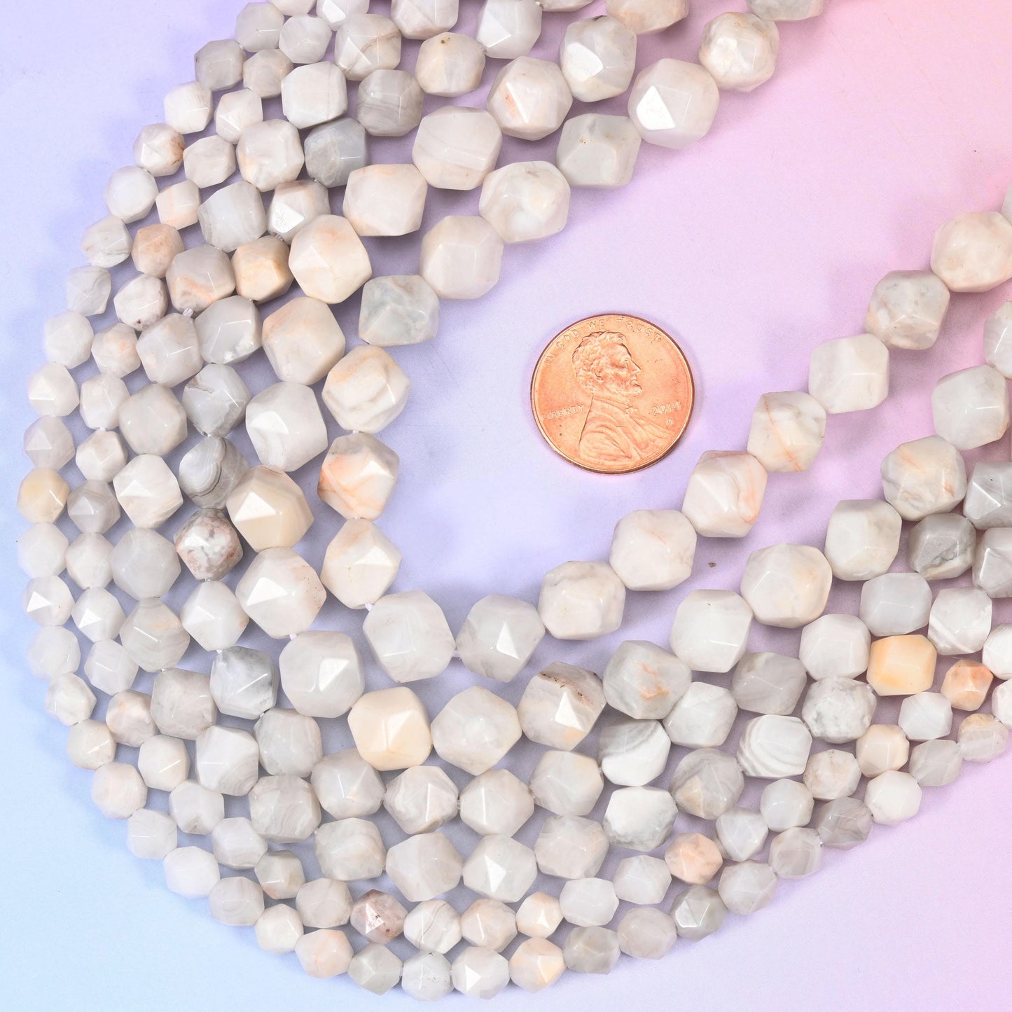 White Crazy Agate Beads: Faceted Diamond Star Cut, 6-10mm, 15.5 inch Strand