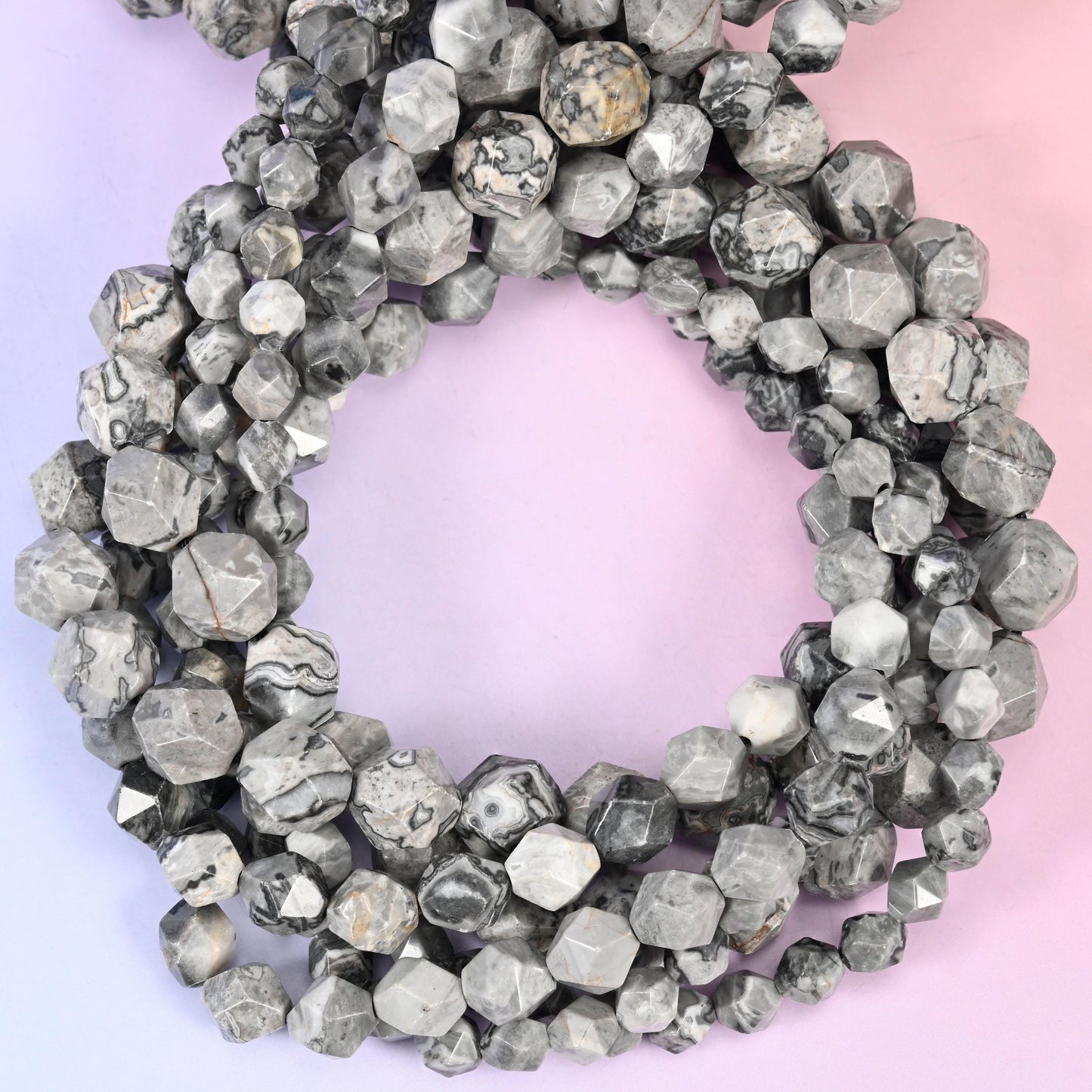 Map Jasper Beads: Faceted Diamond Star Cut, 6-10mm, 15.5 inch Strand
