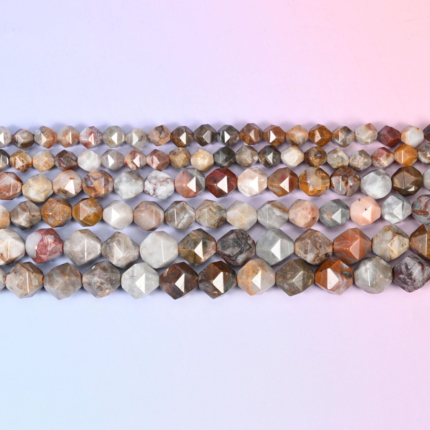 Gobi Desert Agate Beads: Faceted Diamond Star Cut, 6-10mm, 15.5 inch Strand