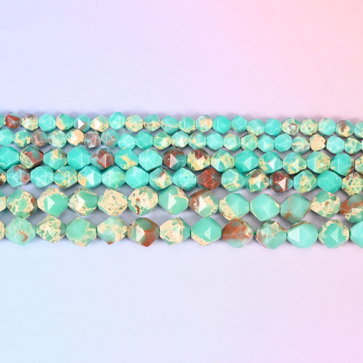 Green Shoushan Stone Beads: Faceted Diamond Star Cut, 6-10mm, 15.5 inch Strand