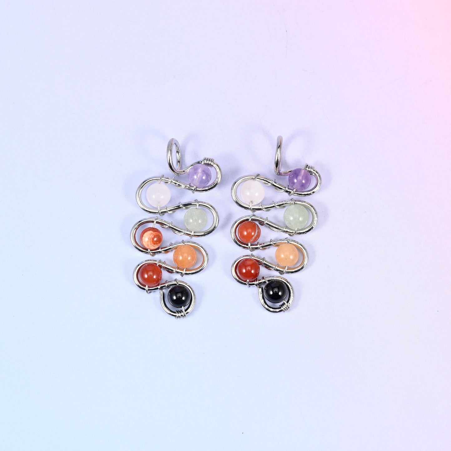 Wired Leaf Mixed Gemstone Swirl Pendants