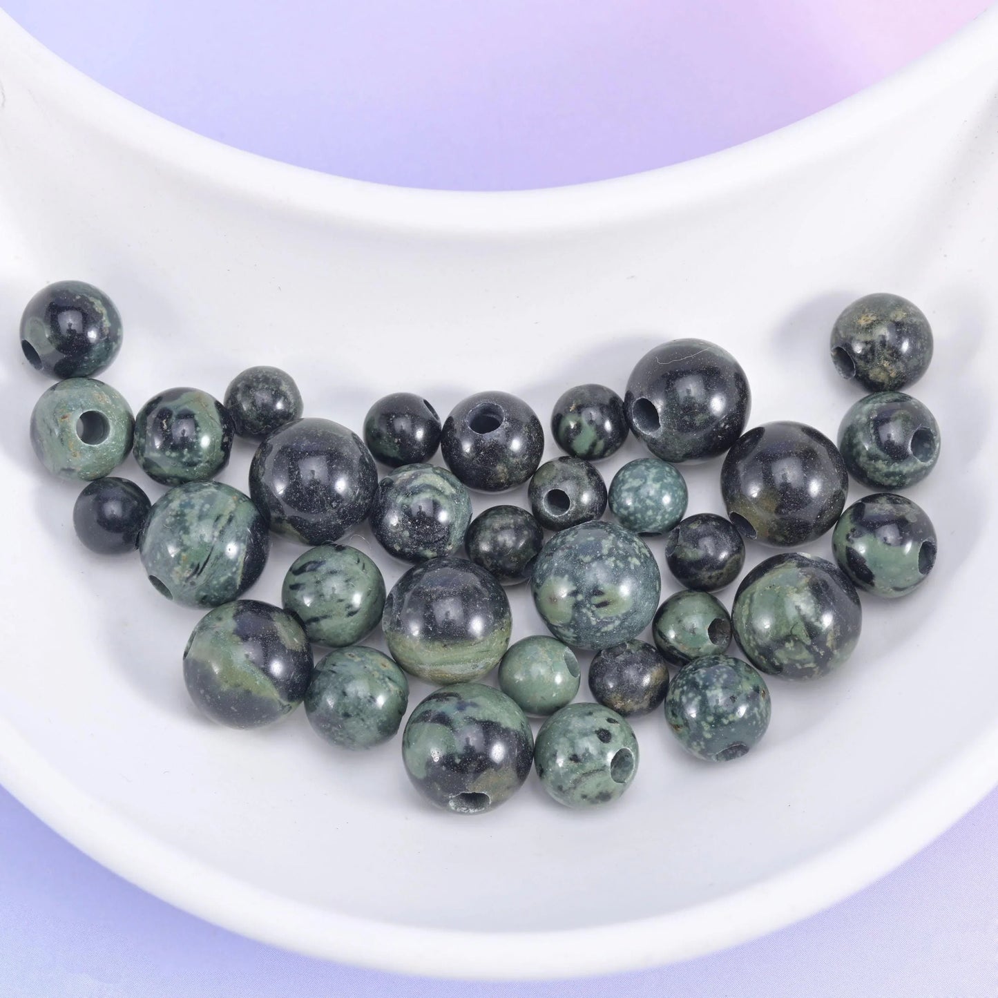 Kambaba Jasper Large Hole Round Beads 6mm 8mm 10mm in near-black with mossy sage orbs and grey-green speckling
