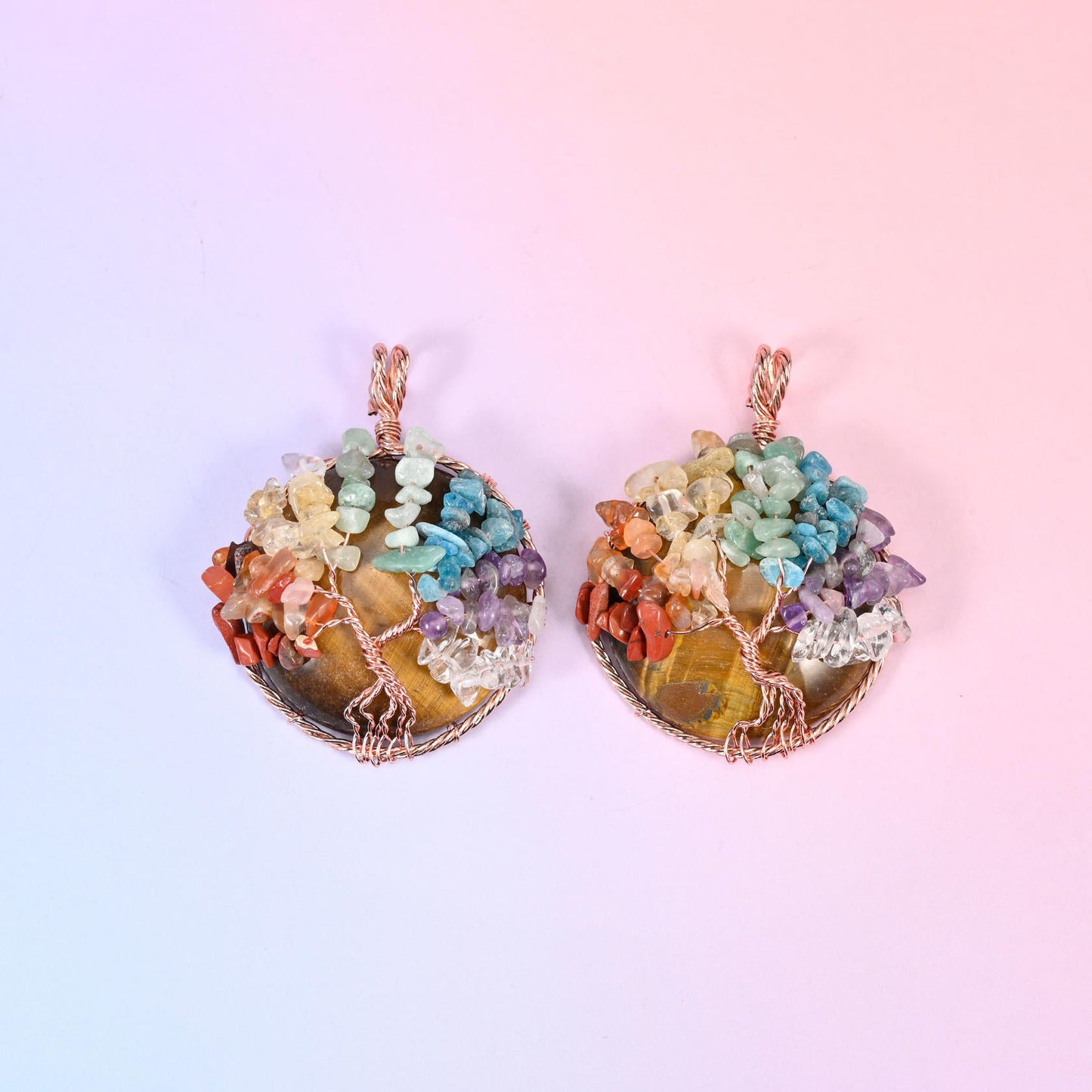 Copper wire wrapped round gemstone tree of life pendant