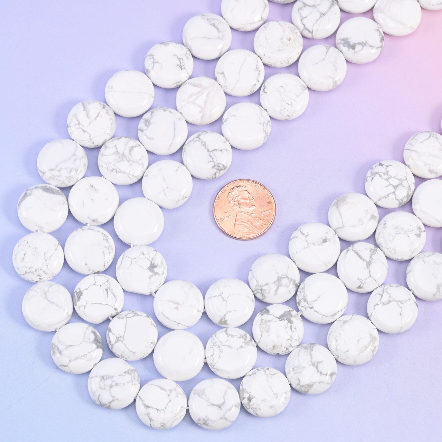 White Howlite smooth coin beads, 15 inch strand