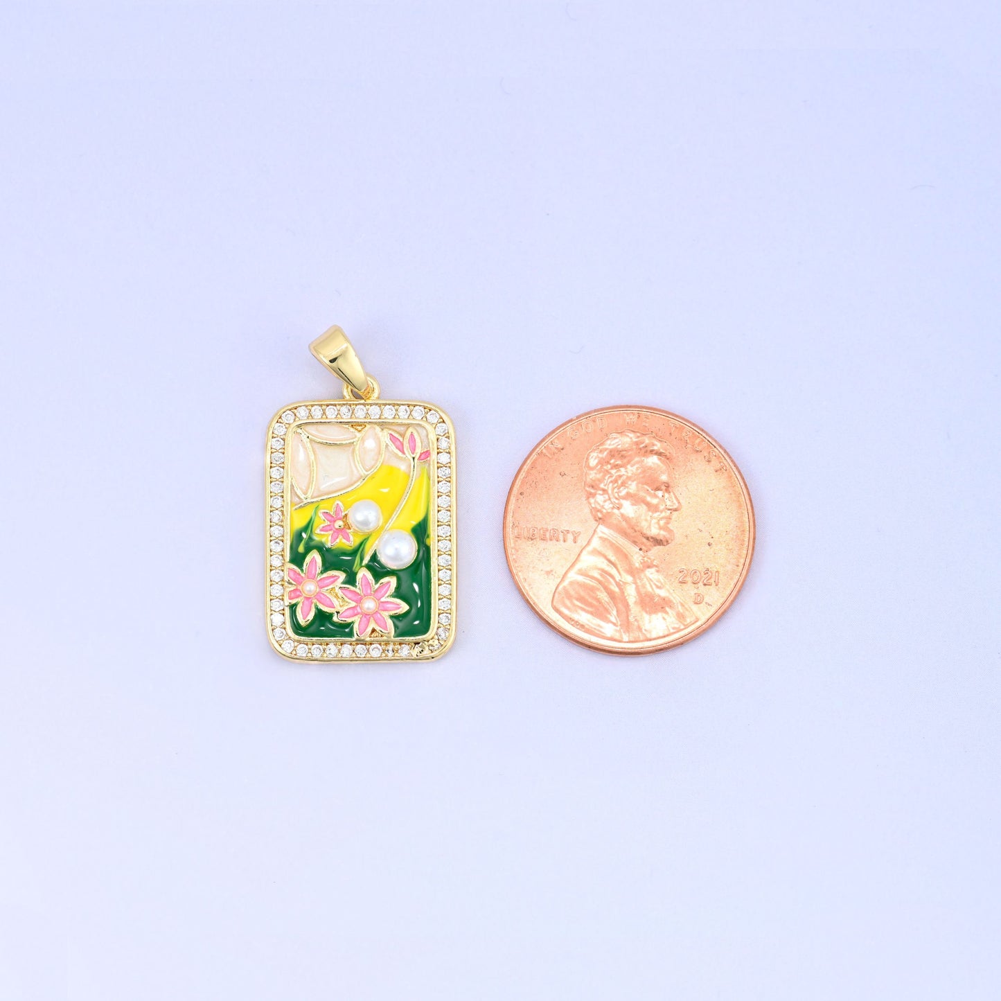 Flower Rectangle Charm Pendant in gold, pink, green, yellow and white
