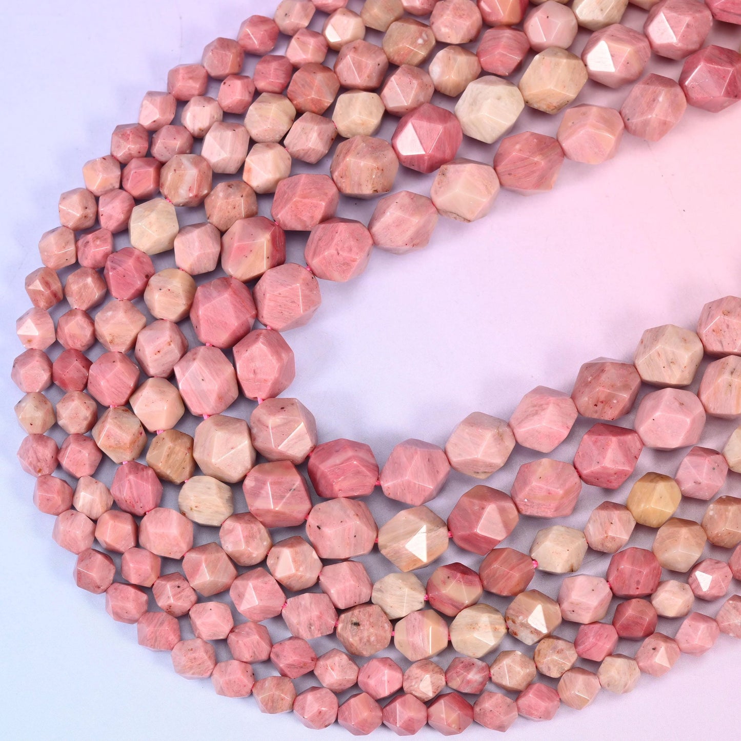 Pink Rhodonite Faceted Diamond Star Cut Beads, 15.5 inch strand