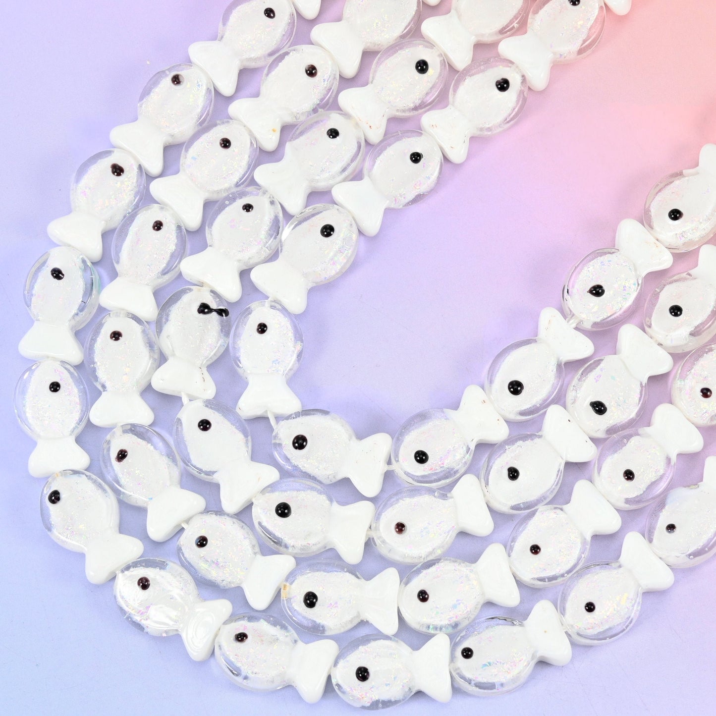 Iridescent White Fish Glass Beads, 15.5 inch strand