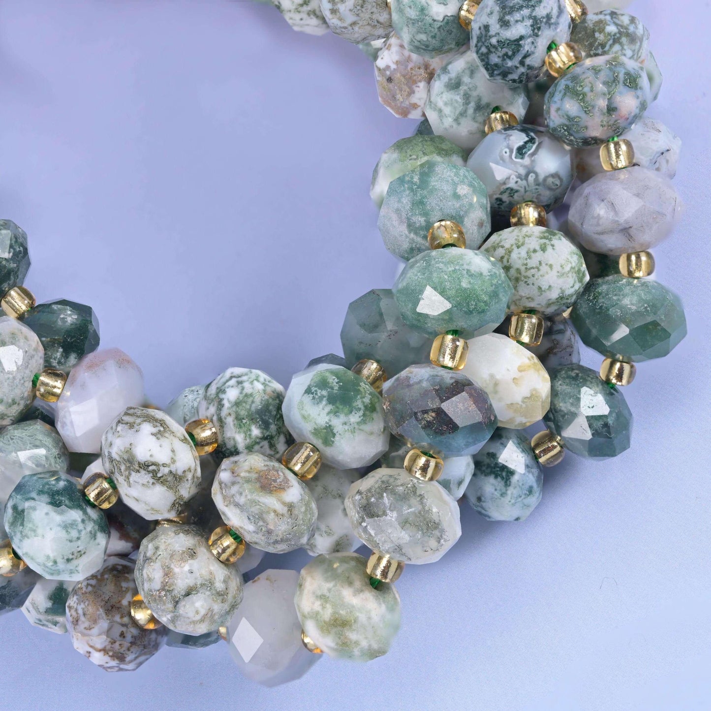 Faceted rondelle cut Moss Tree Agate beads