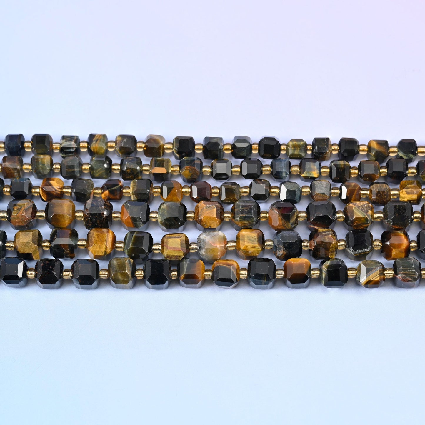 Iron Tiger Eye Faceted Cube Beads in golden brown, charcoal and near-black
