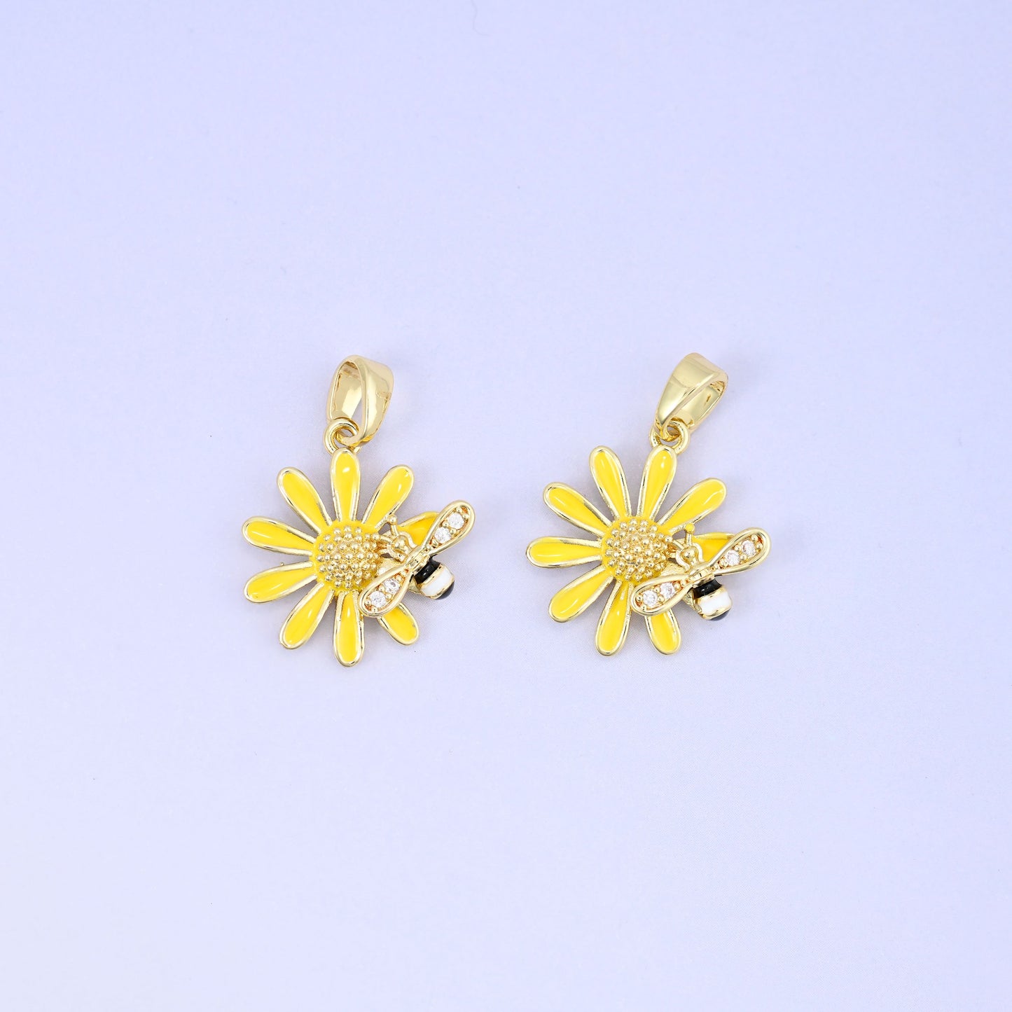 Yellow Sunflower Bee Enamel Charms: 18K Gold Plated Pendants, Jewelry Making Supply
