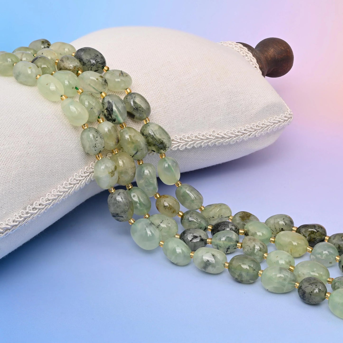 Natural Green Prehnite oval nugget beads with a smooth, richly colored finish
