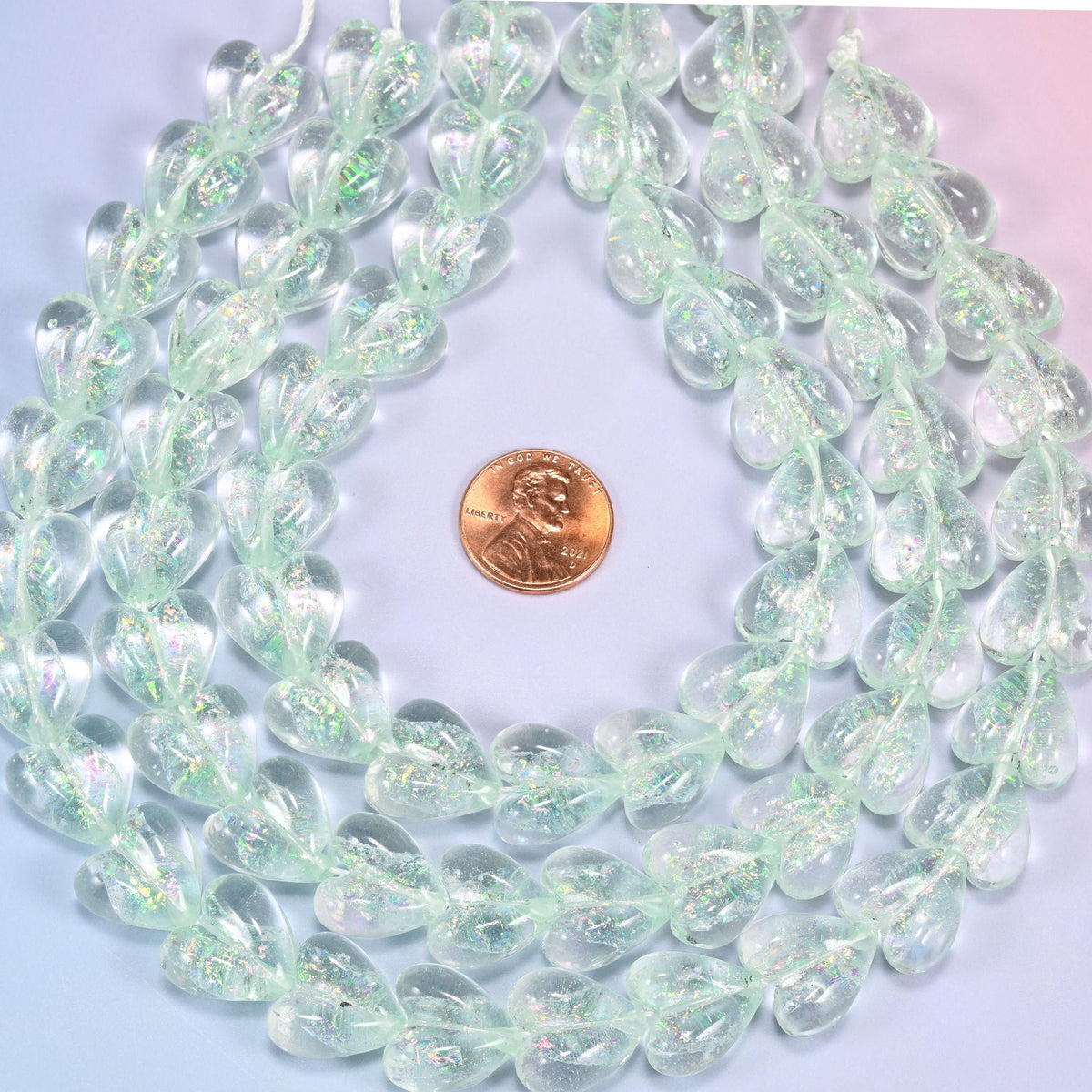 Iridescent Light Green Heart Glass Beads, 24 beads per strand