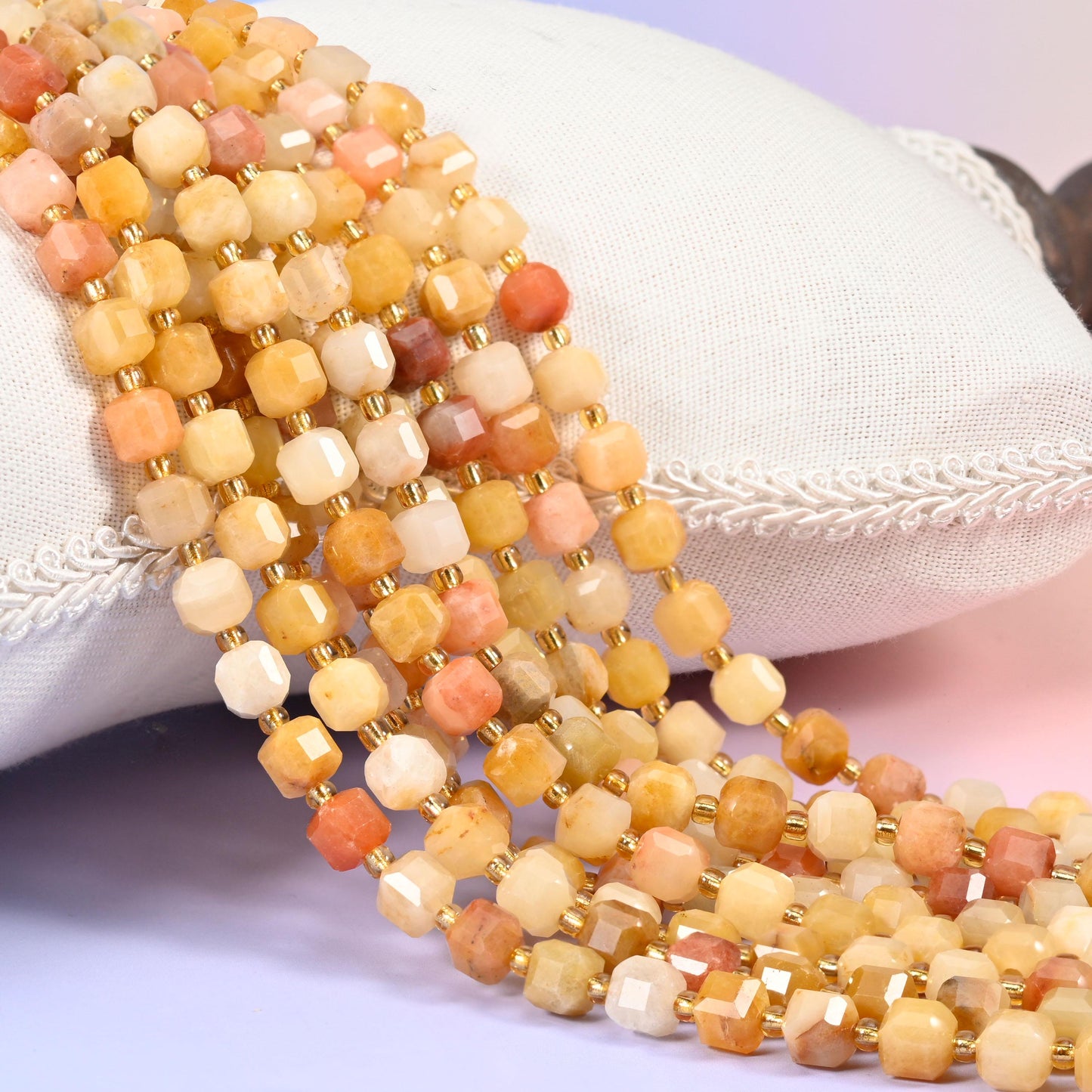 Gold Silk Jade Faceted Cube Beads, natural stone with waxy translucent finish